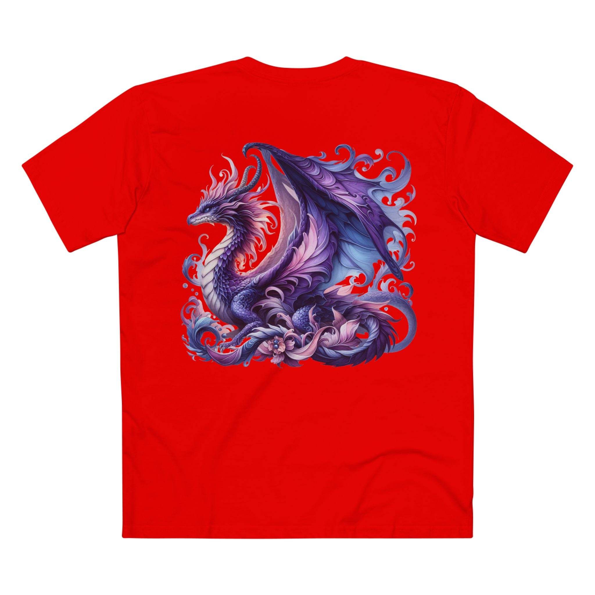 Red Printify t-shirt featuring a detailed purple and blue dragon design eco-friendly dragon t-shirt