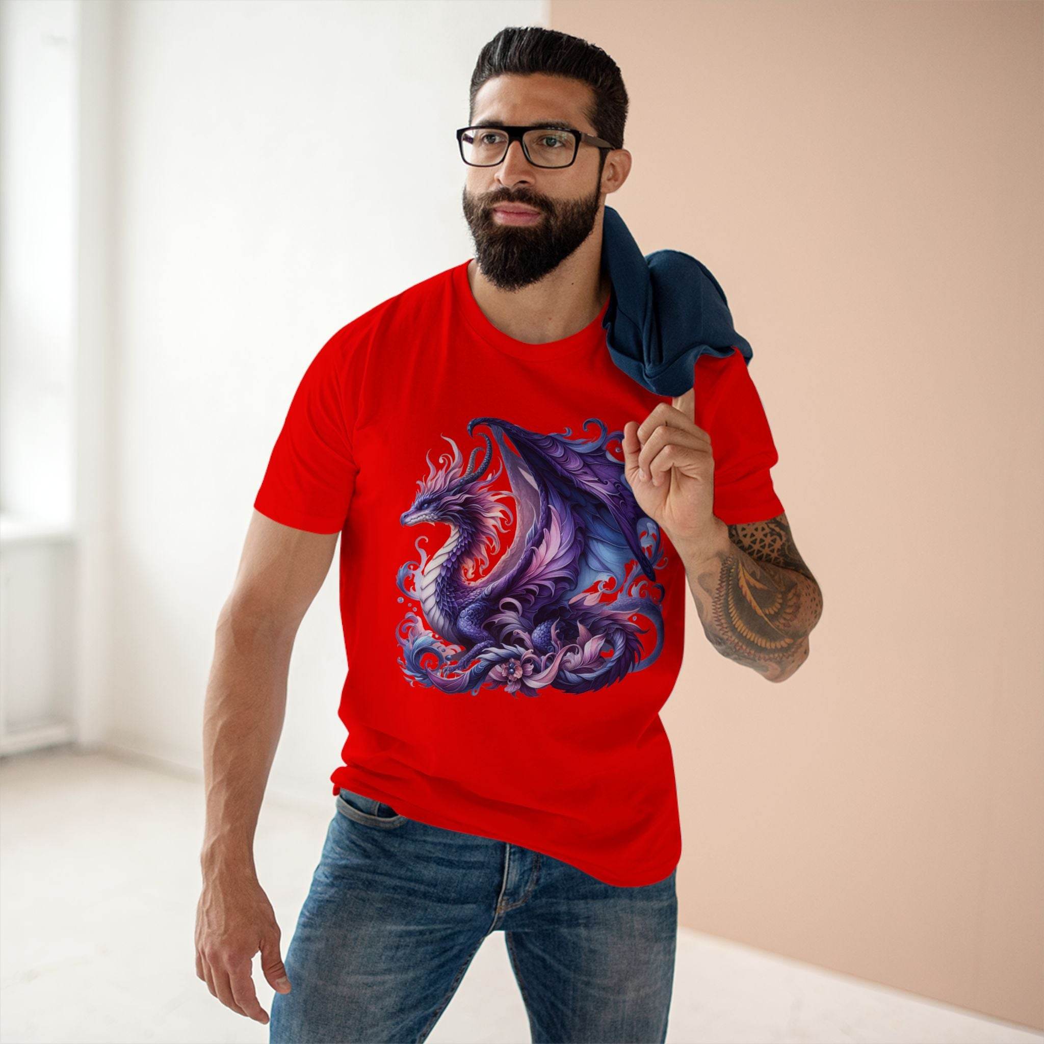 Man wearing a red eco-friendly dragon t-shirt with a detailed purple dragon graphic by Printify