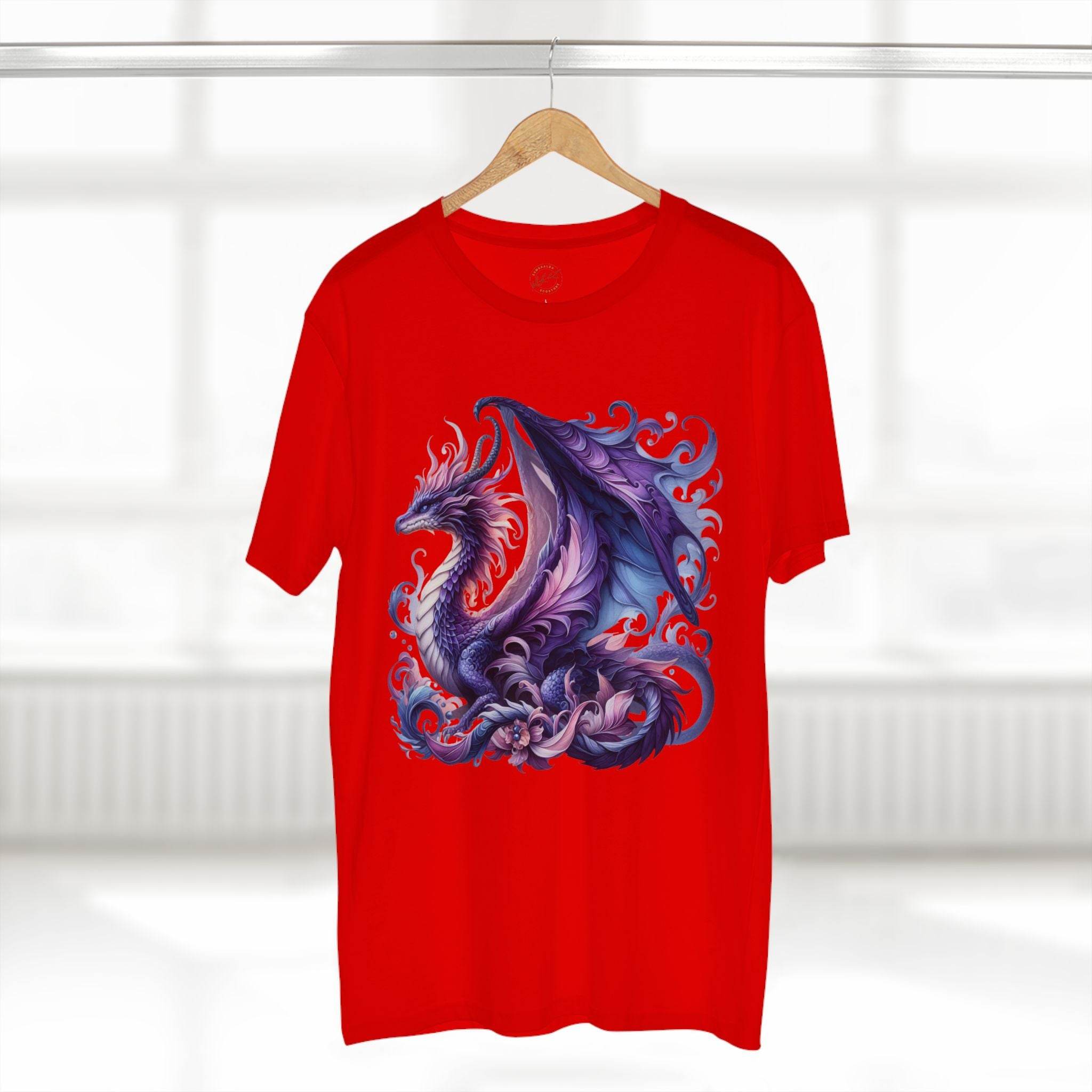 Red eco-friendly dragon t-shirt by Printify featuring a detailed purple and blue dragon design