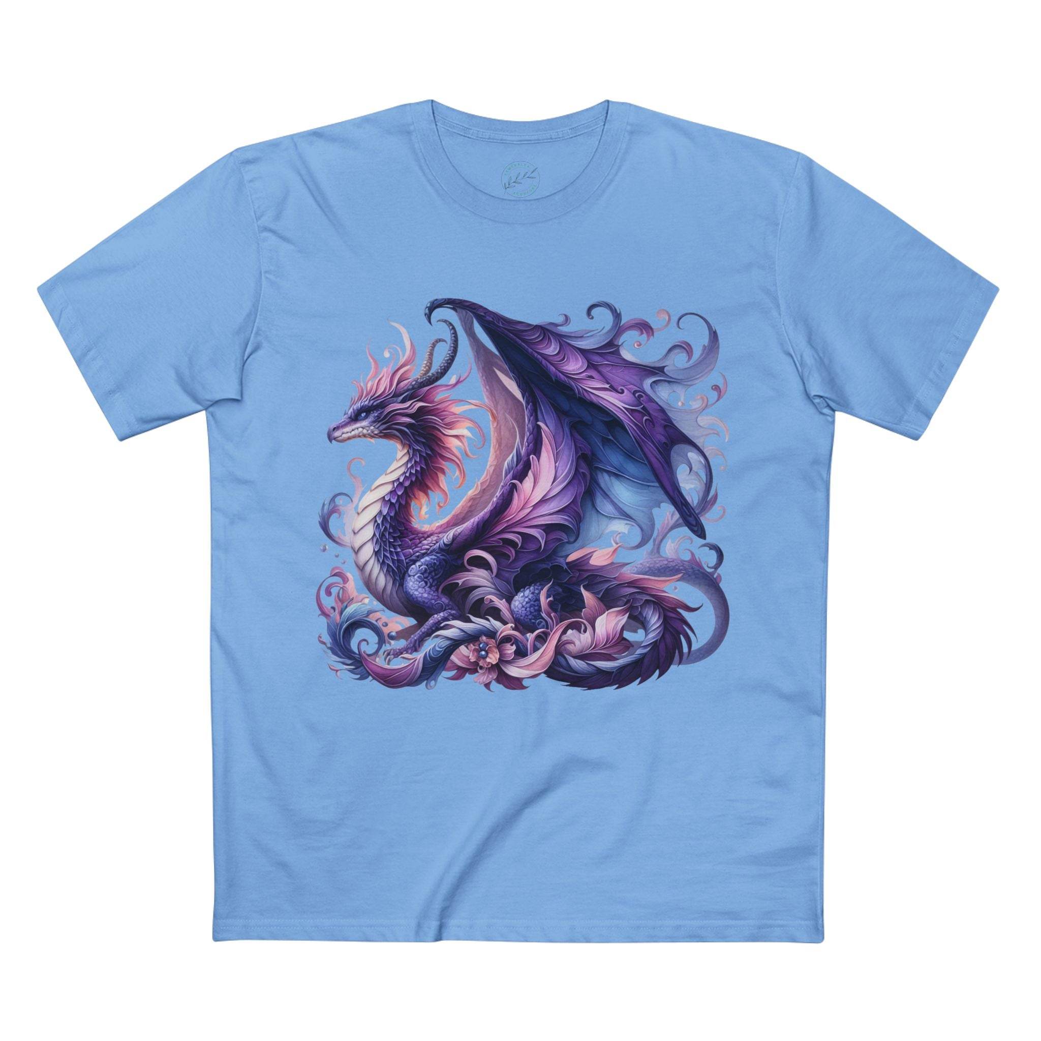 Printify light blue eco-friendly dragon t-shirt featuring a detailed purple and pink dragon design