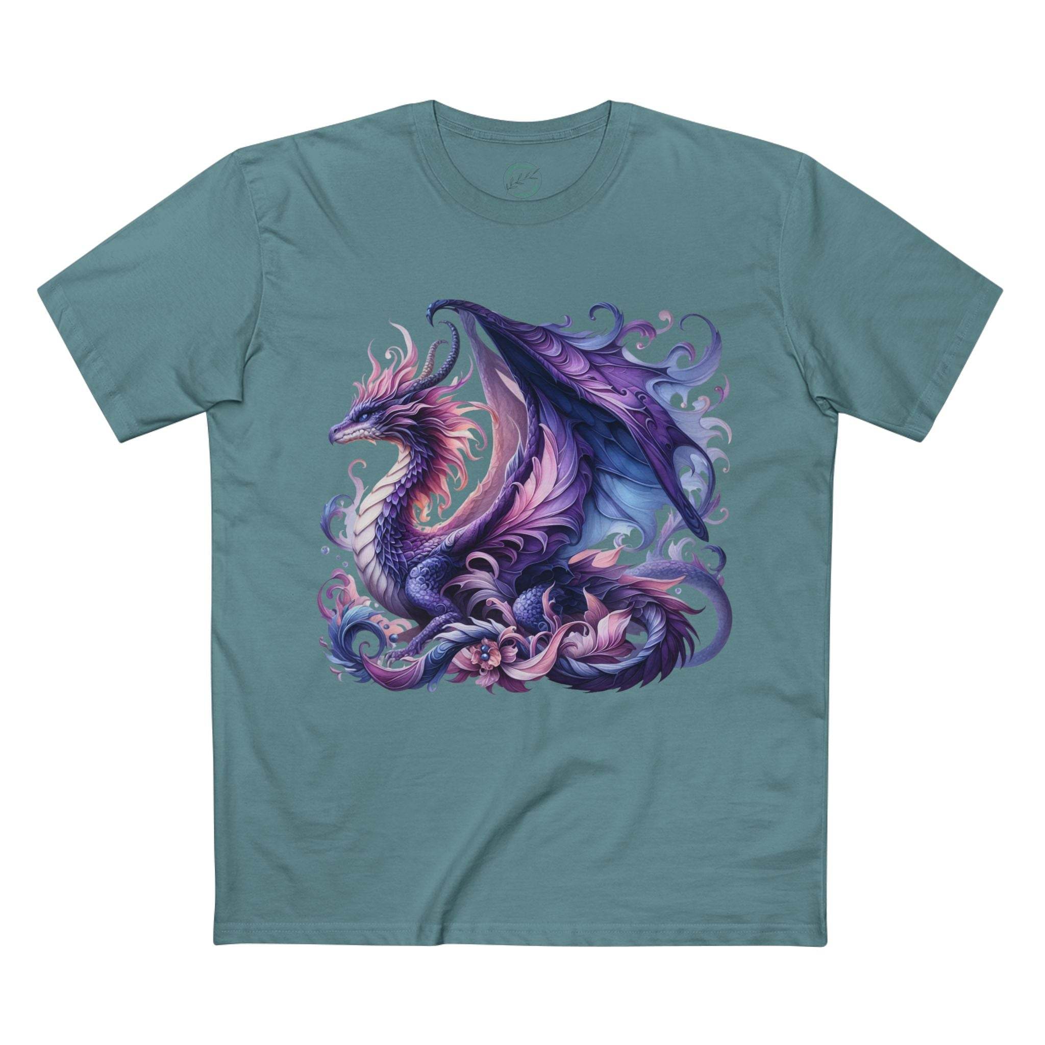 Printify eco-friendly dragon t-shirt in teal with intricate purple dragon graphic design