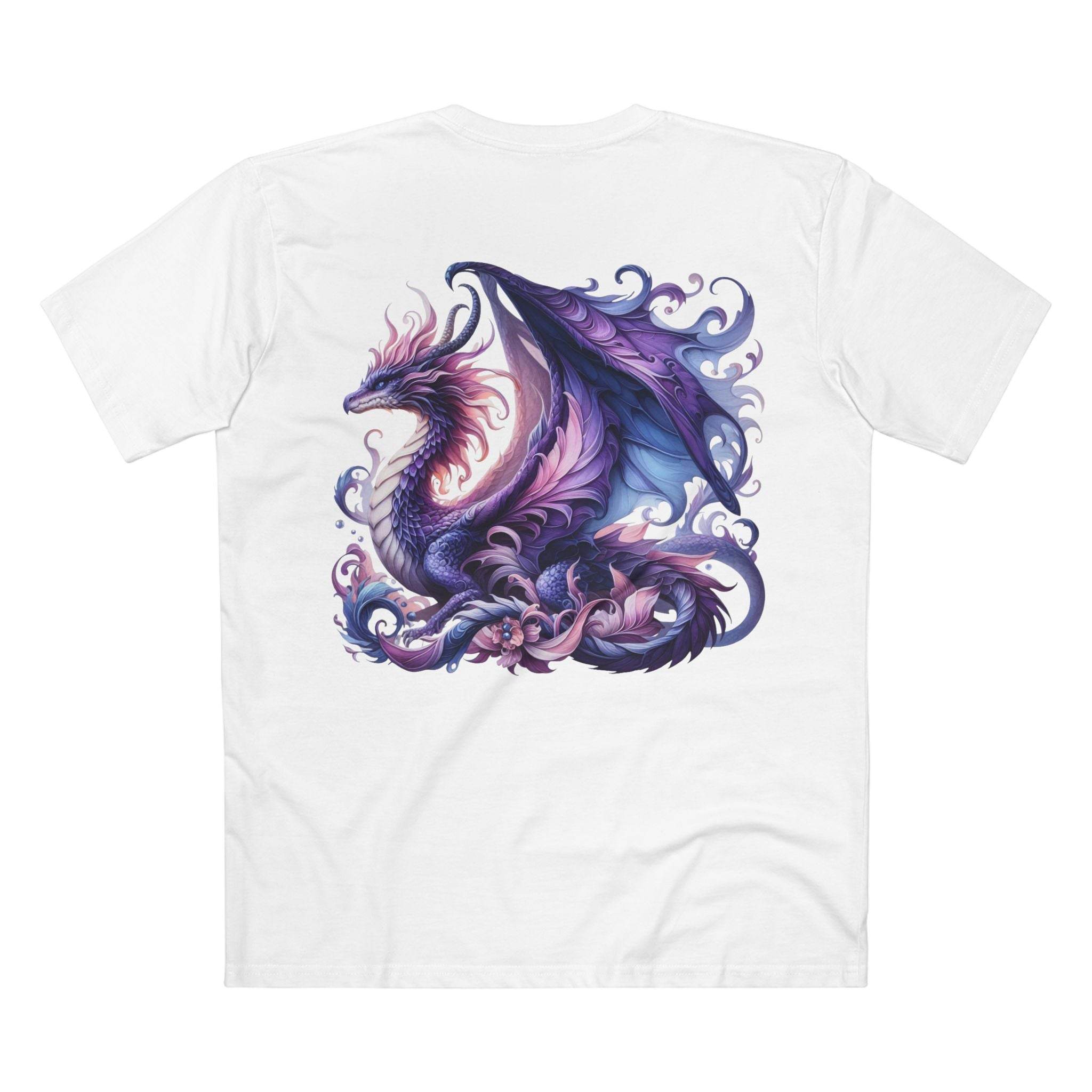 White Printify t-shirt featuring a vibrant purple and blue dragon design eco-friendly dragon t-shirt