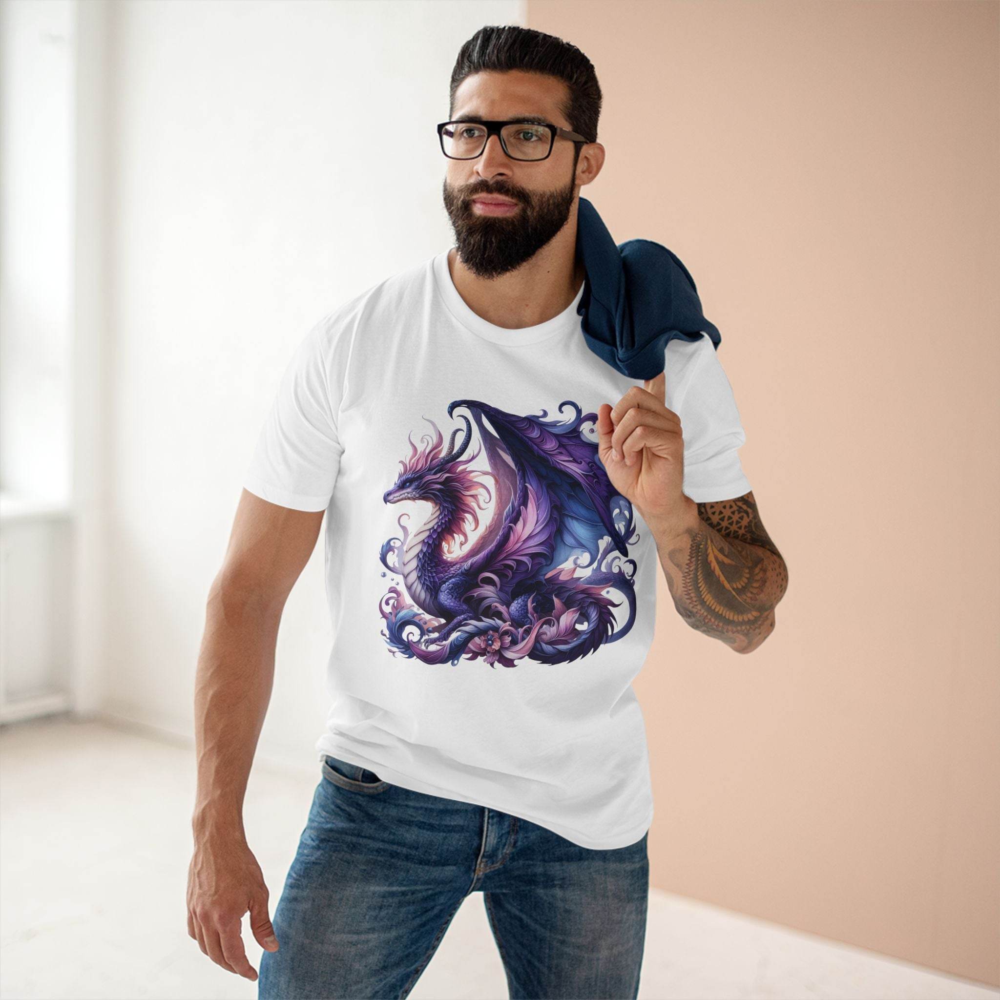 Man wearing a Printify eco-friendly dragon t-shirt with a detailed purple dragon design