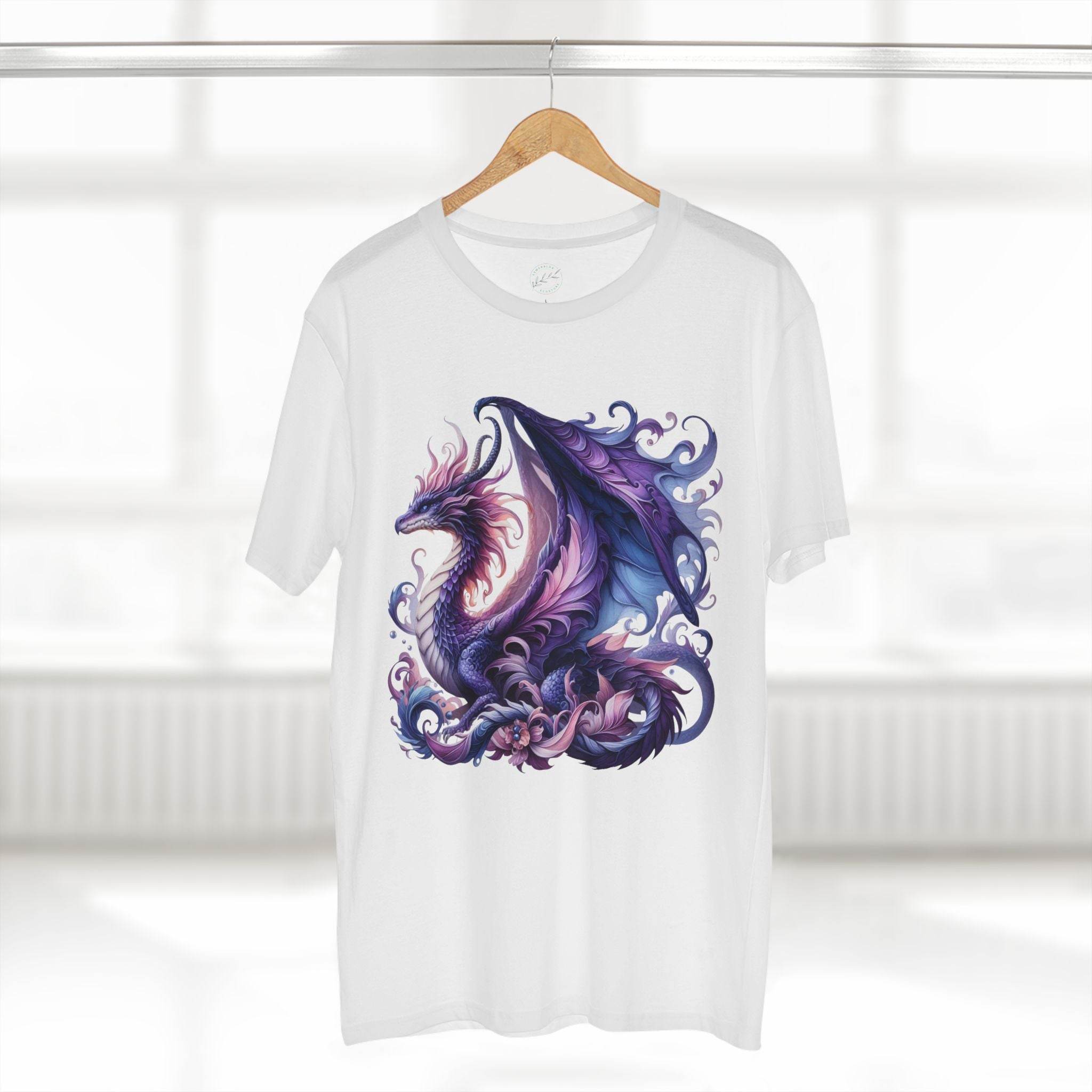 White Printify t-shirt featuring a detailed purple and blue eco-friendly dragon t-shirt design
