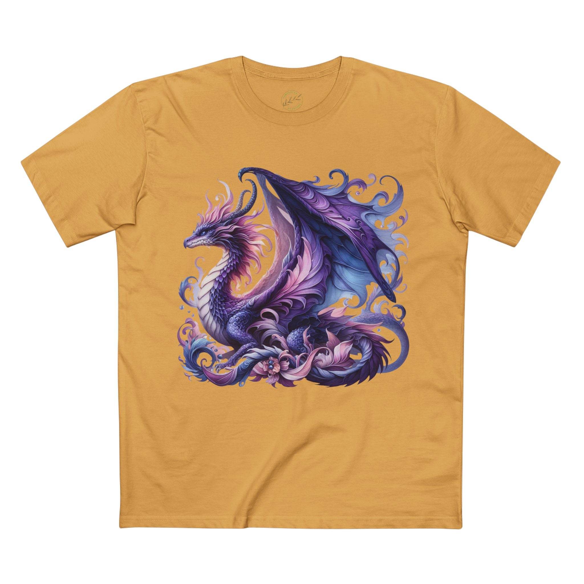 Printify eco-friendly dragon t-shirt in mustard with a detailed purple and blue dragon design