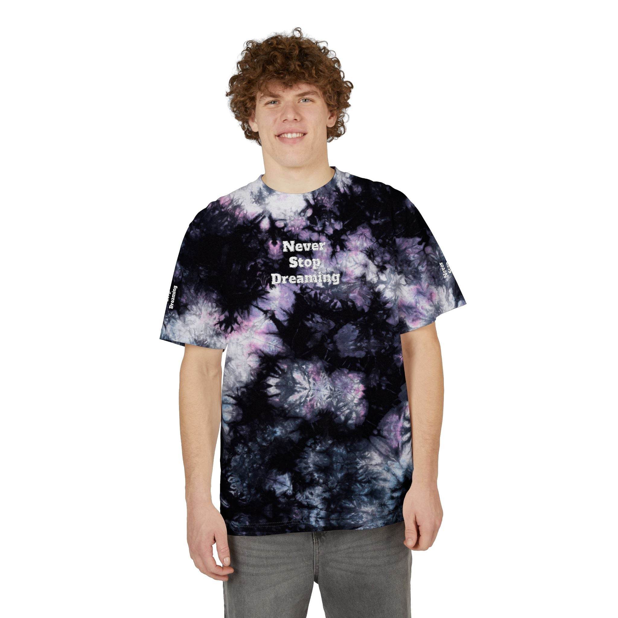 Printify eco-friendly embroidered shirt with tie-dye pattern and Never Stop Dreaming text