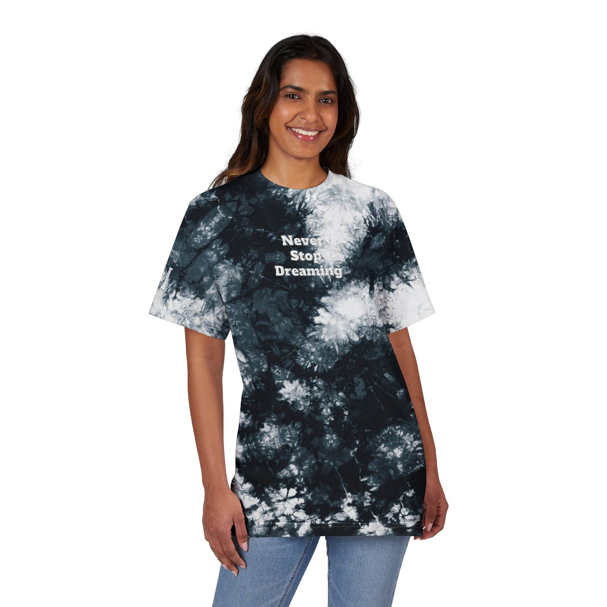 Printify eco-friendly embroidered shirt with black and white tie-dye and Never Stop Dreaming text