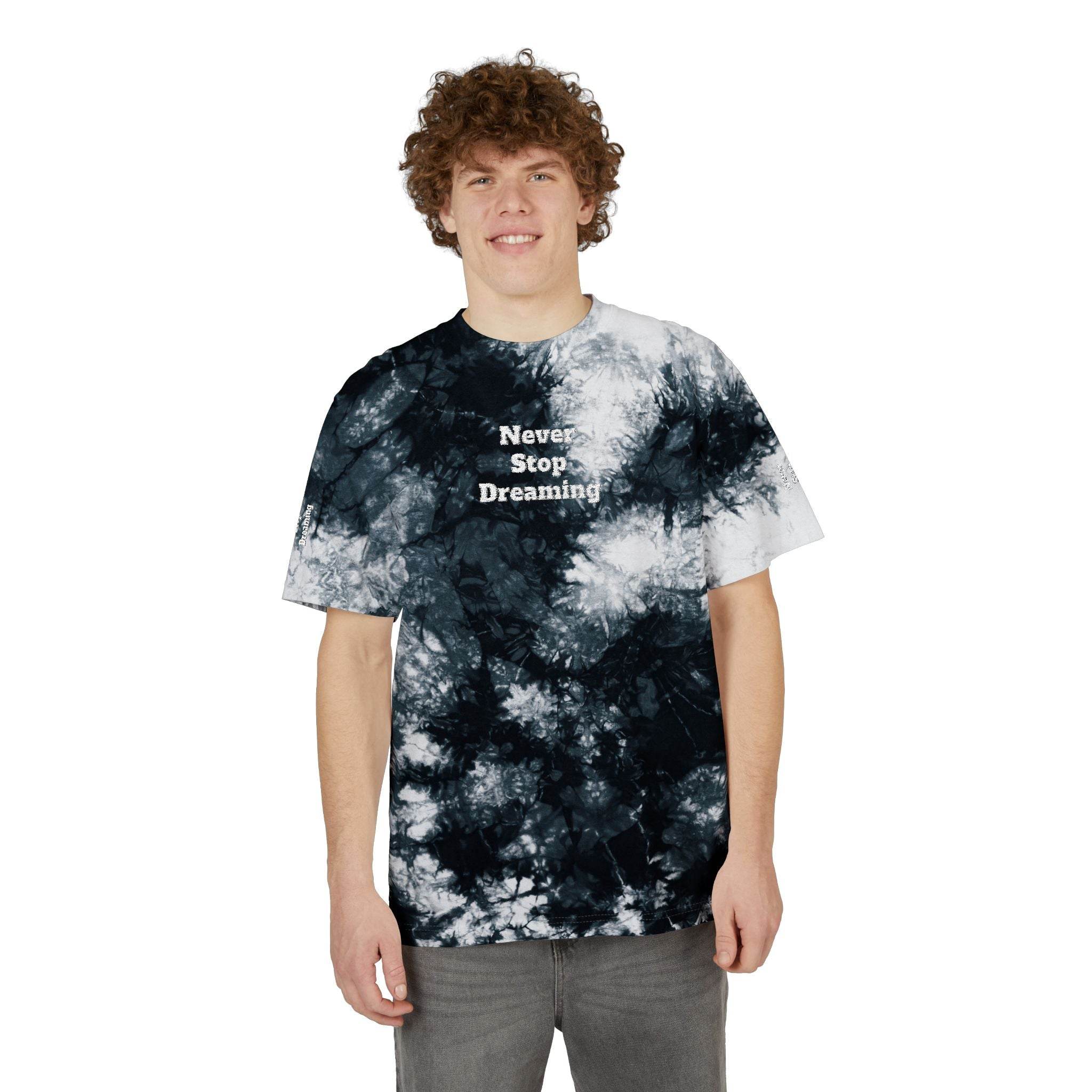 Printify black and white tie-dye eco-friendly embroidered shirt with Never Stop Dreaming text