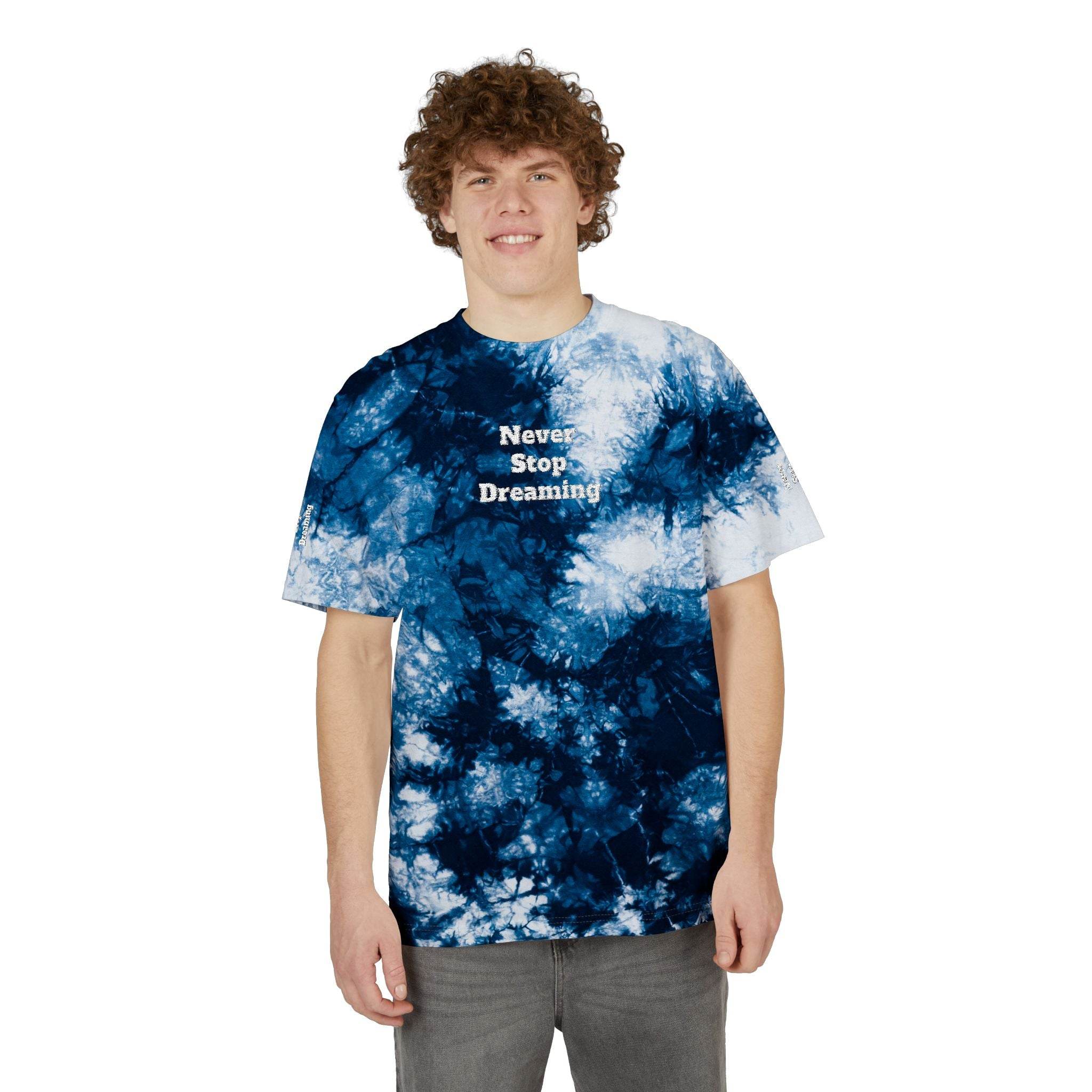 Printify eco-friendly embroidered shirt with blue and white tie-dye and Never Stop Dreaming text