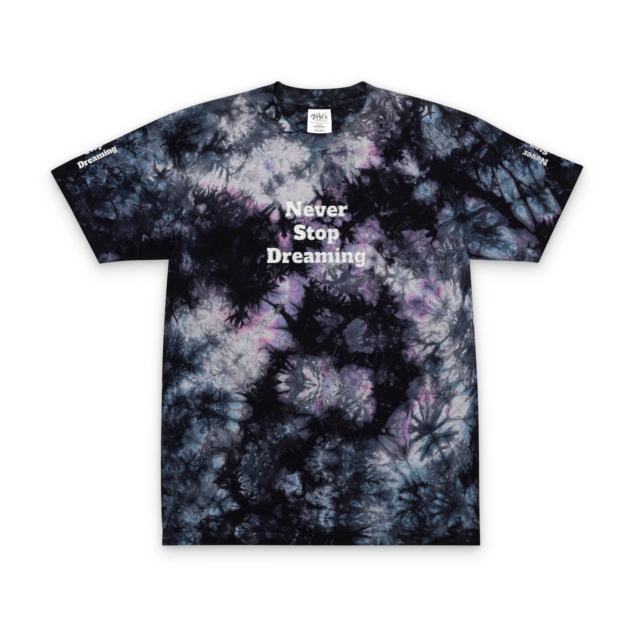 Printify black and purple tie-dye eco-friendly embroidered shirt with Never Stop Dreaming text