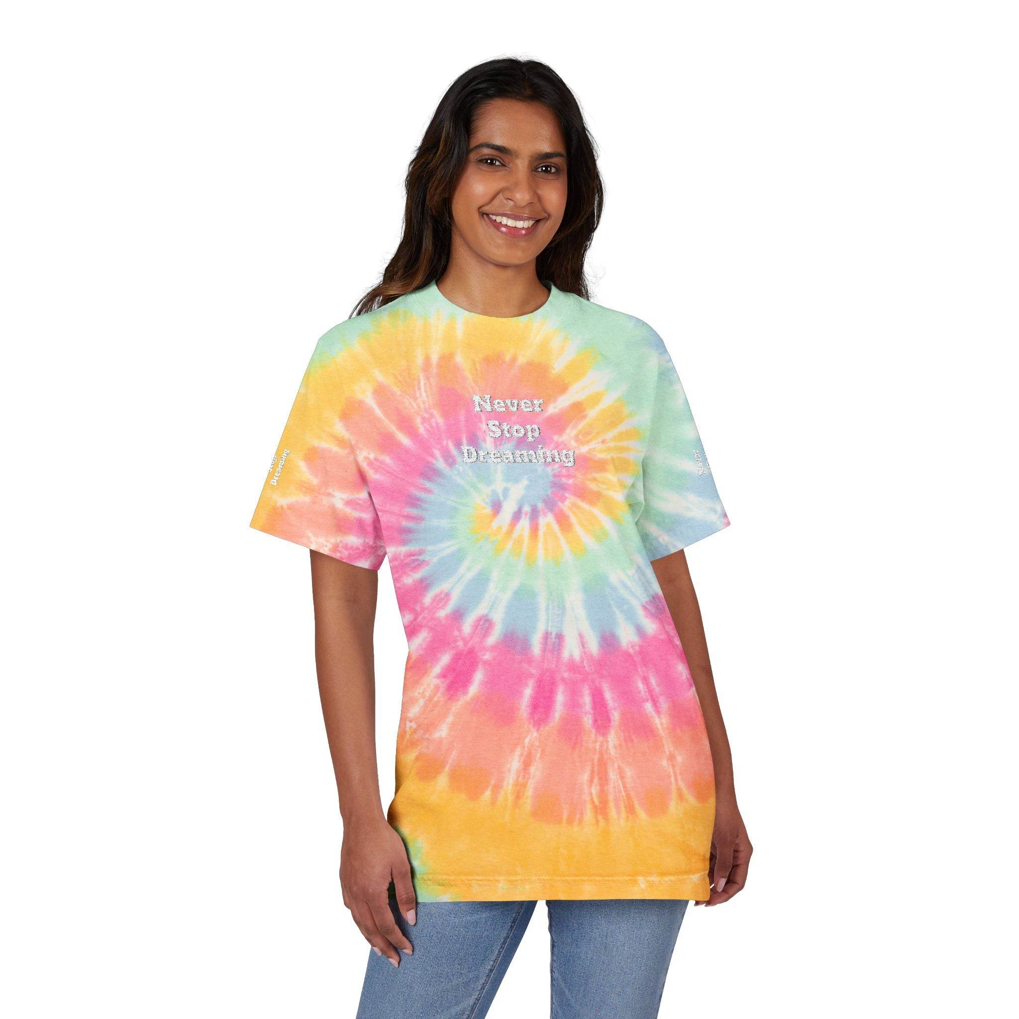 Printify eco-friendly embroidered shirt with colorful tie-dye pattern and Never Stop Dreaming text