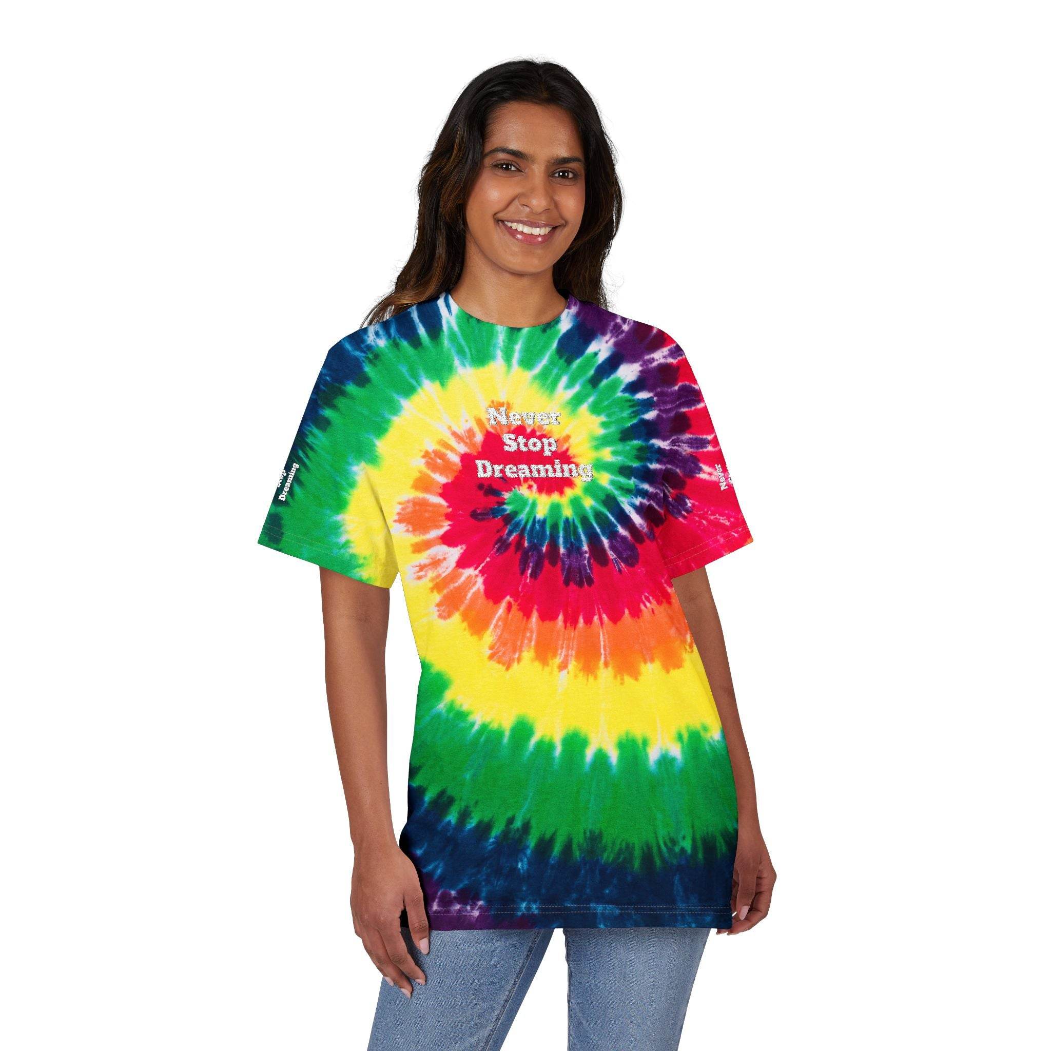 Printify eco-friendly embroidered shirt with colorful tie-dye spiral and Never Stop Dreaming text