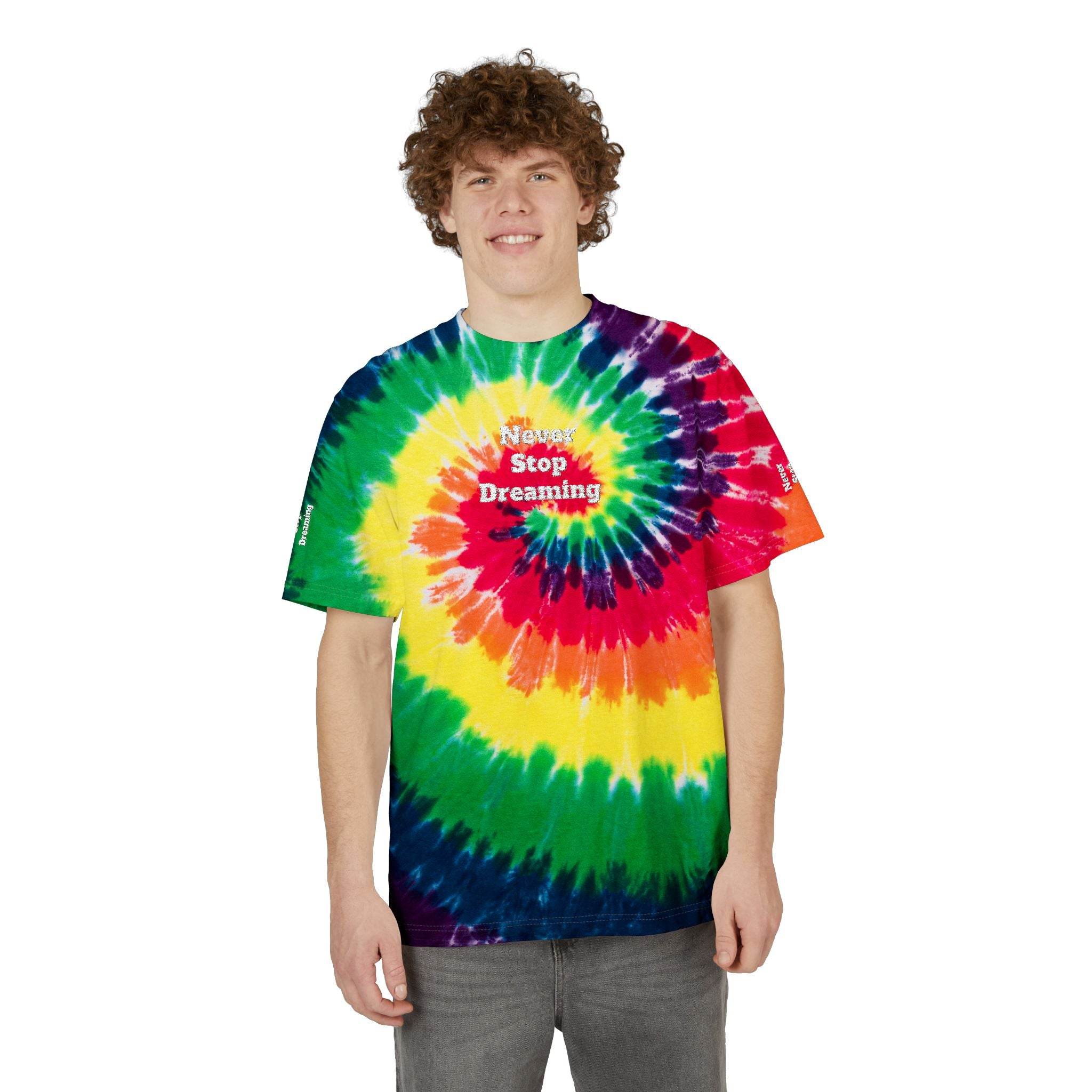 Printify eco-friendly embroidered shirt tie-dye t-shirt with Never Stop Dreaming design worn by smiling male model