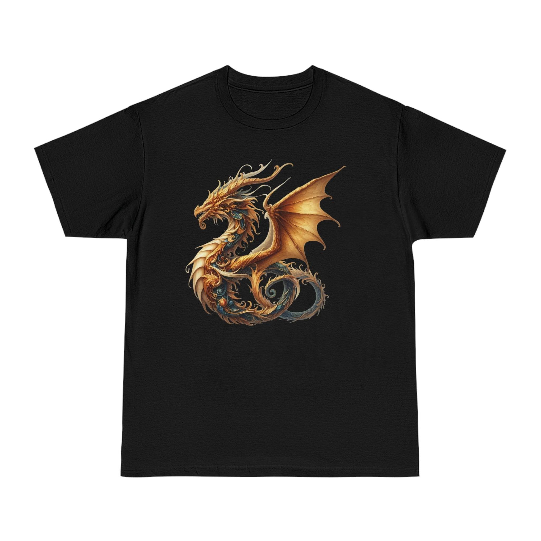Black eco-friendly fantasy t-shirt with detailed golden dragon design by Printify