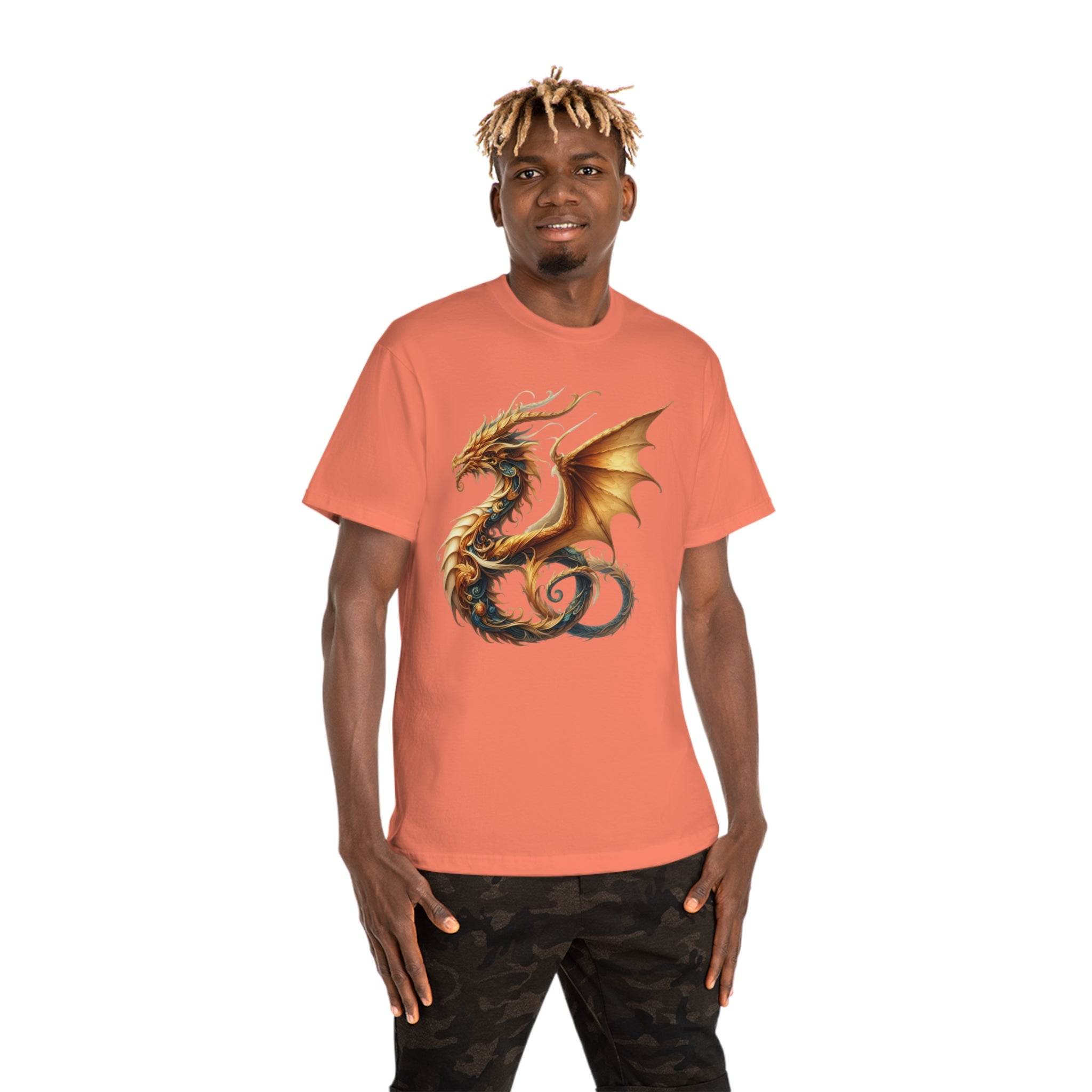 Printed Printify eco-friendly fantasy t-shirt featuring a detailed gold and black dragon design