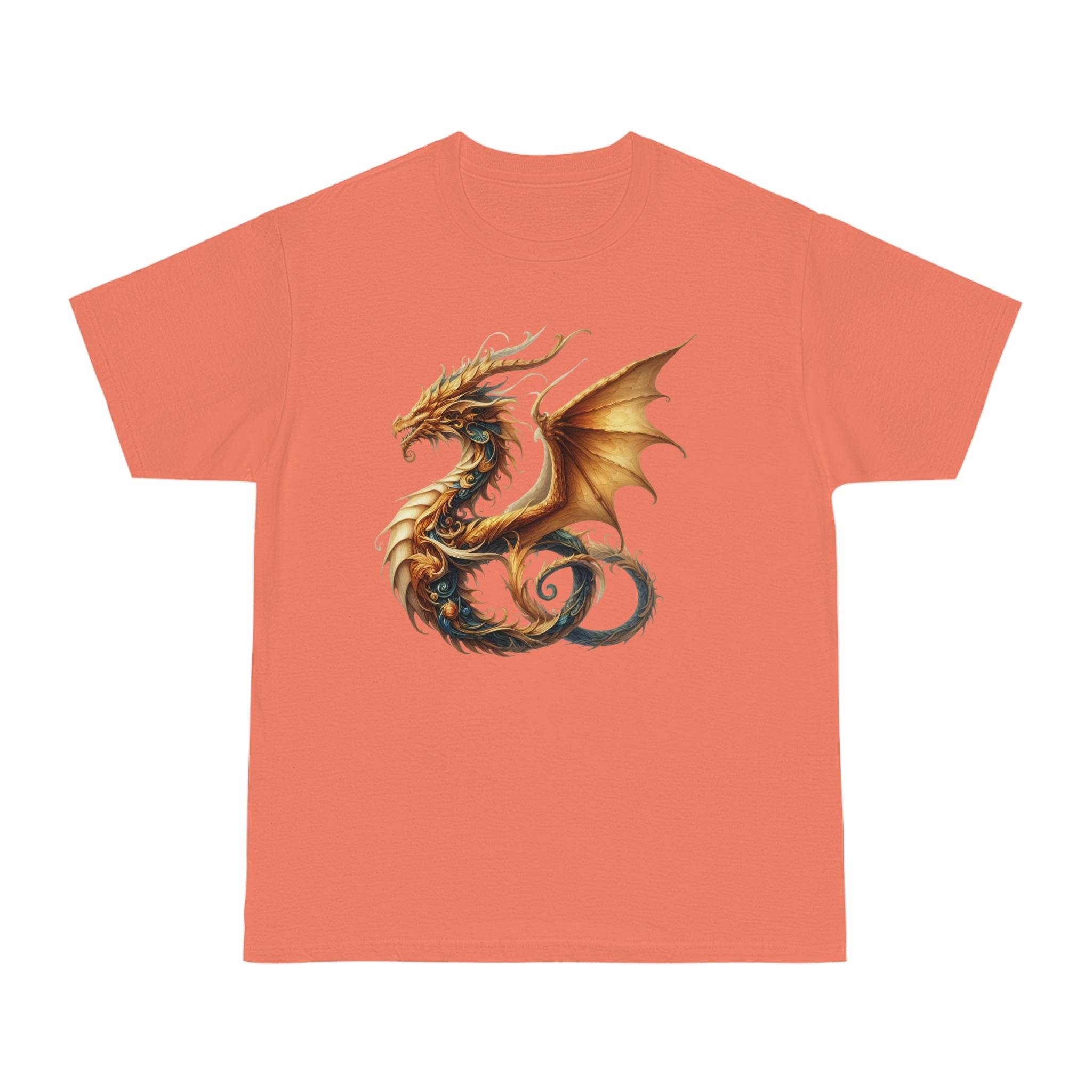 Printify eco-friendly fantasy t-shirt with detailed golden dragon design on coral background