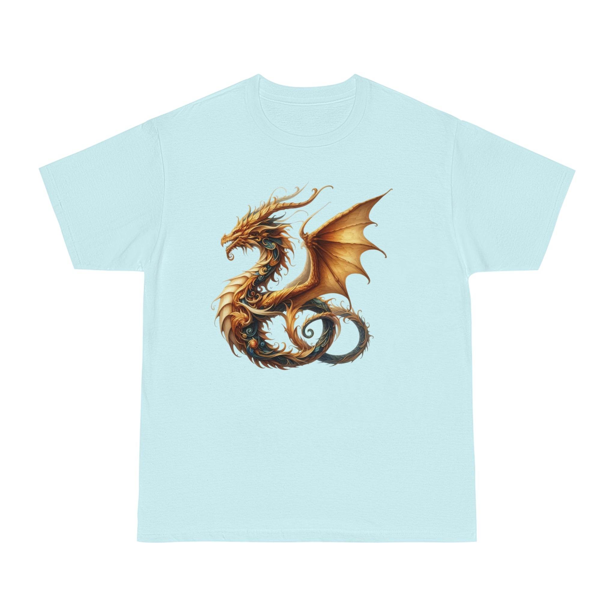Printify eco-friendly fantasy t-shirt with detailed golden dragon design on light blue fabric