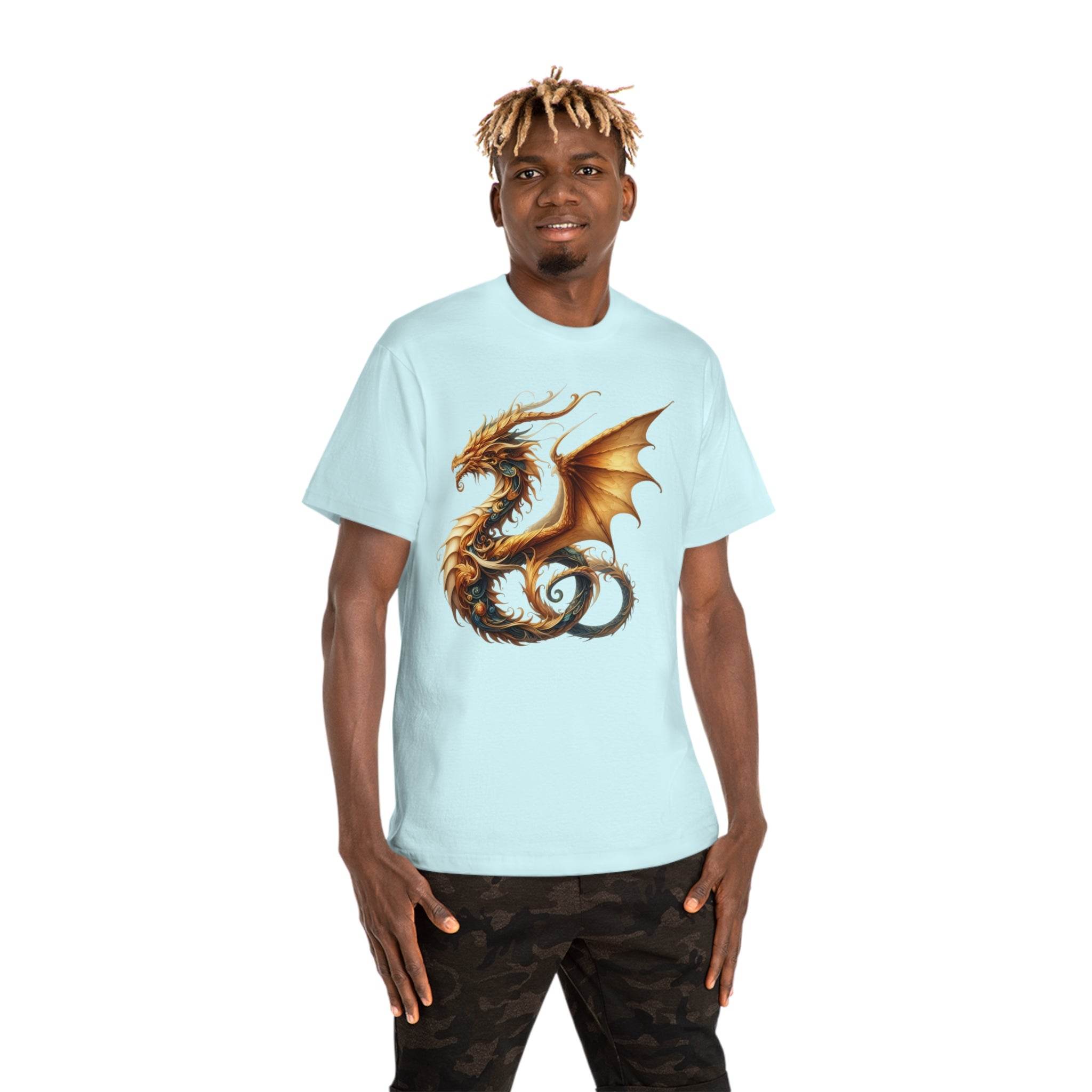 Printify eco-friendly fantasy t-shirt featuring a detailed golden dragon design on a light blue shirt