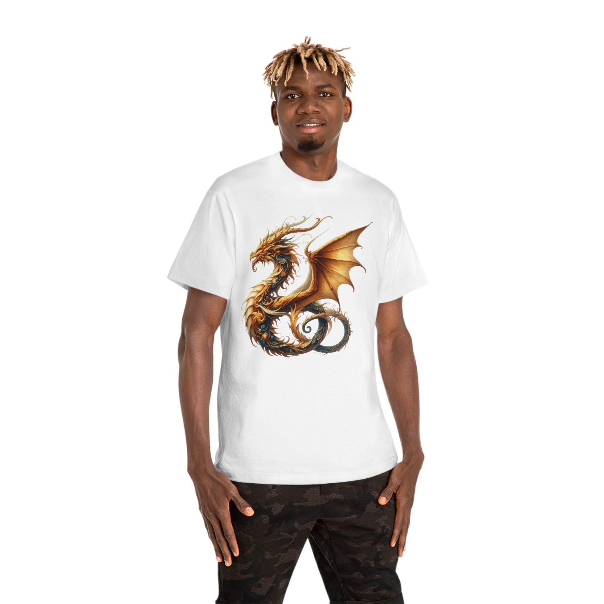 Printify eco-friendly fantasy t-shirt featuring a detailed dragon design on a white tee