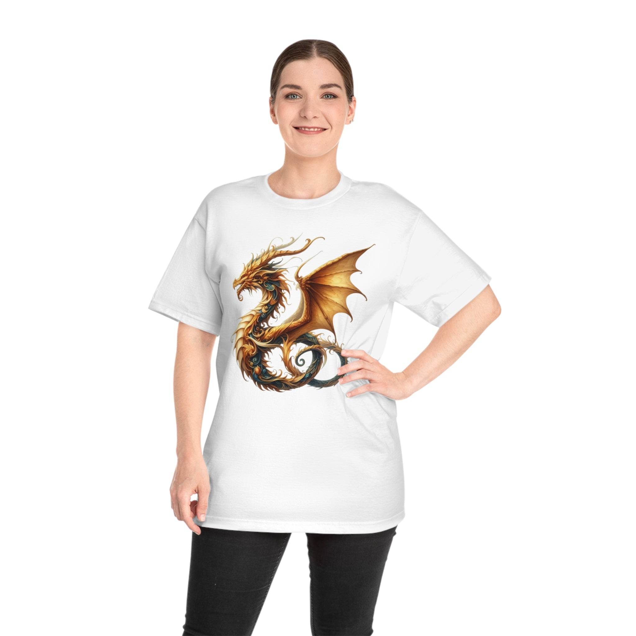 Woman wearing white Printify eco-friendly fantasy t-shirt with detailed golden dragon graphic