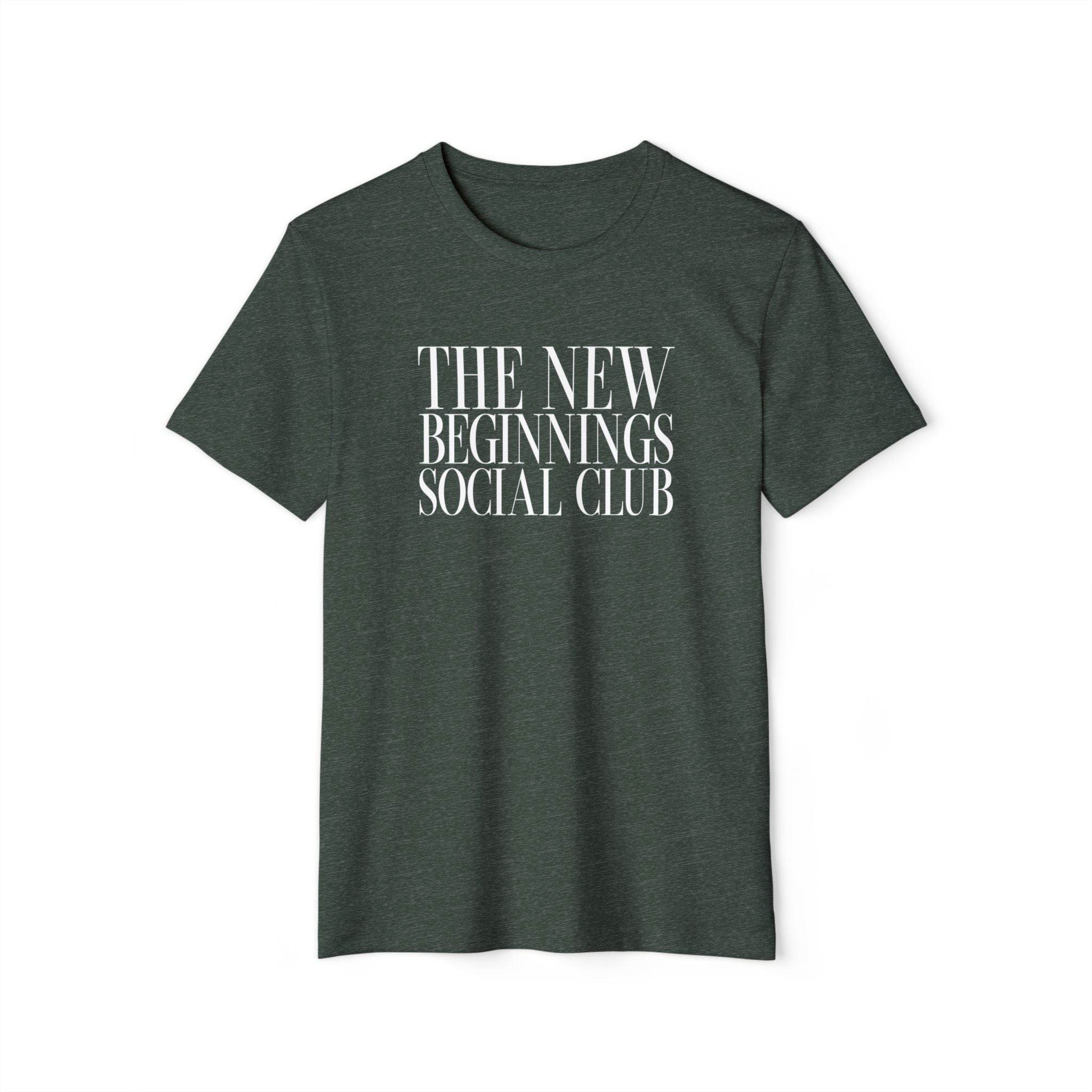 Printify eco-friendly fashion tee in dark green with The New Beginnings Social Club white text design