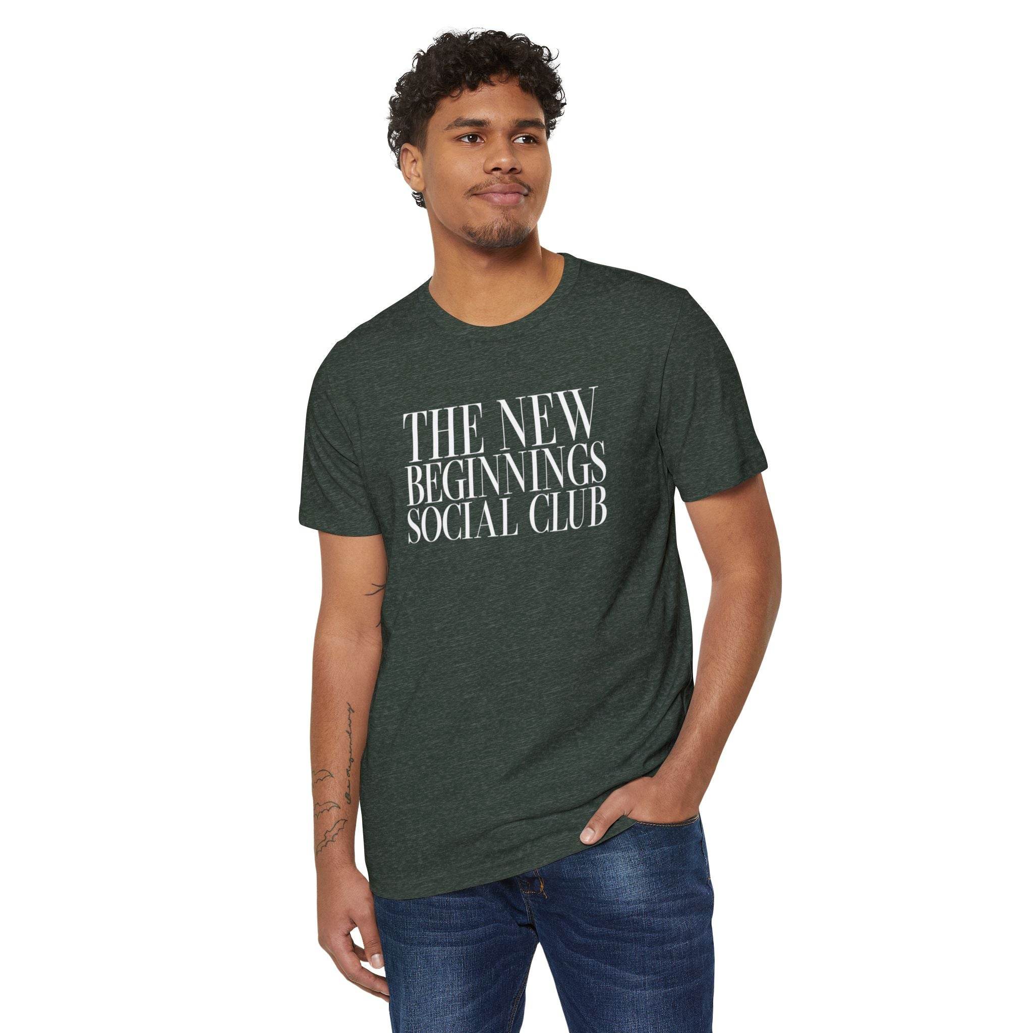 Printify eco-friendly fashion tee in dark green with The New Beginnings Social Club text