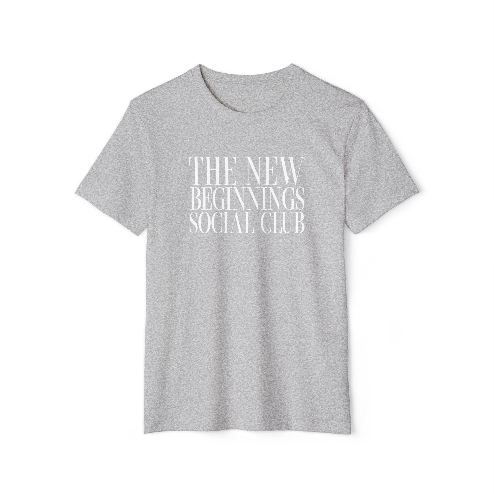 Gray Printify t-shirt with The New Beginnings Social Club text, eco-friendly fashion tee