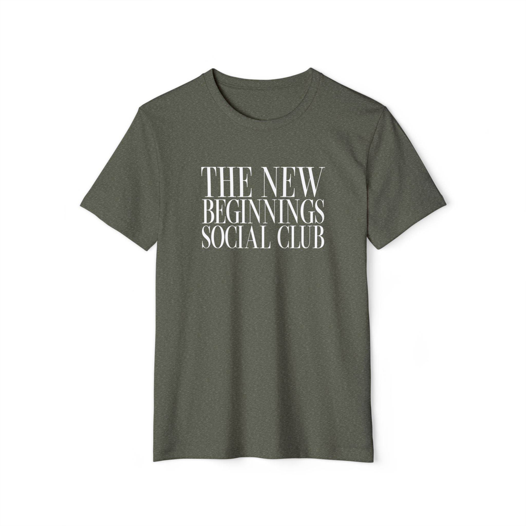 Printify olive green eco-friendly fashion tee with The New Beginnings Social Club white text
