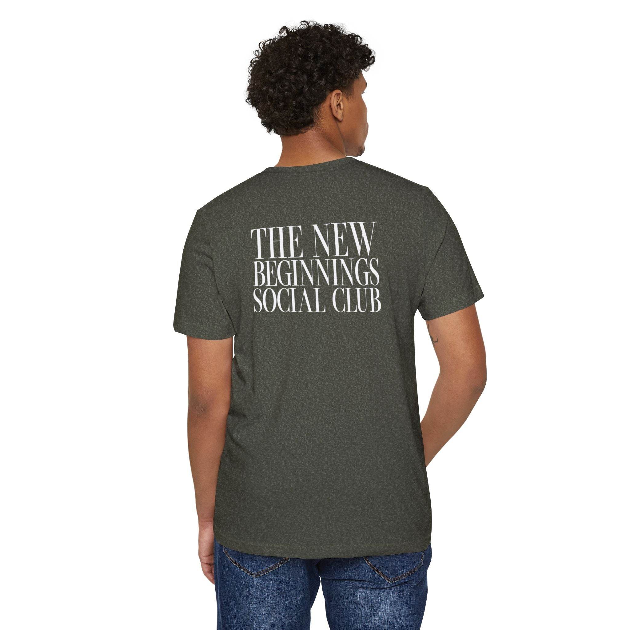 Printify eco-friendly fashion tee in dark gray with The New Beginnings Social Club text on back