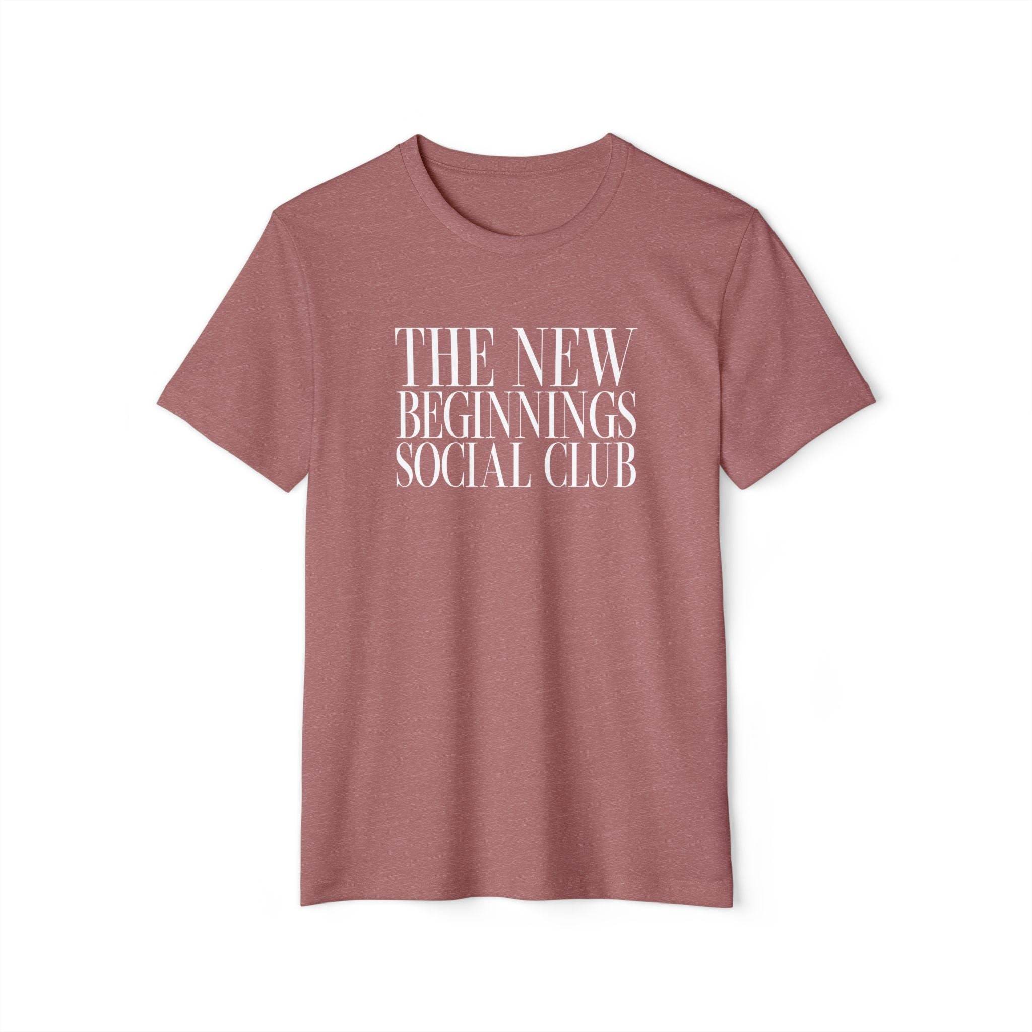 Mauve Printify T-shirt with The New Beginnings Social Club text in white eco-friendly fashion tee