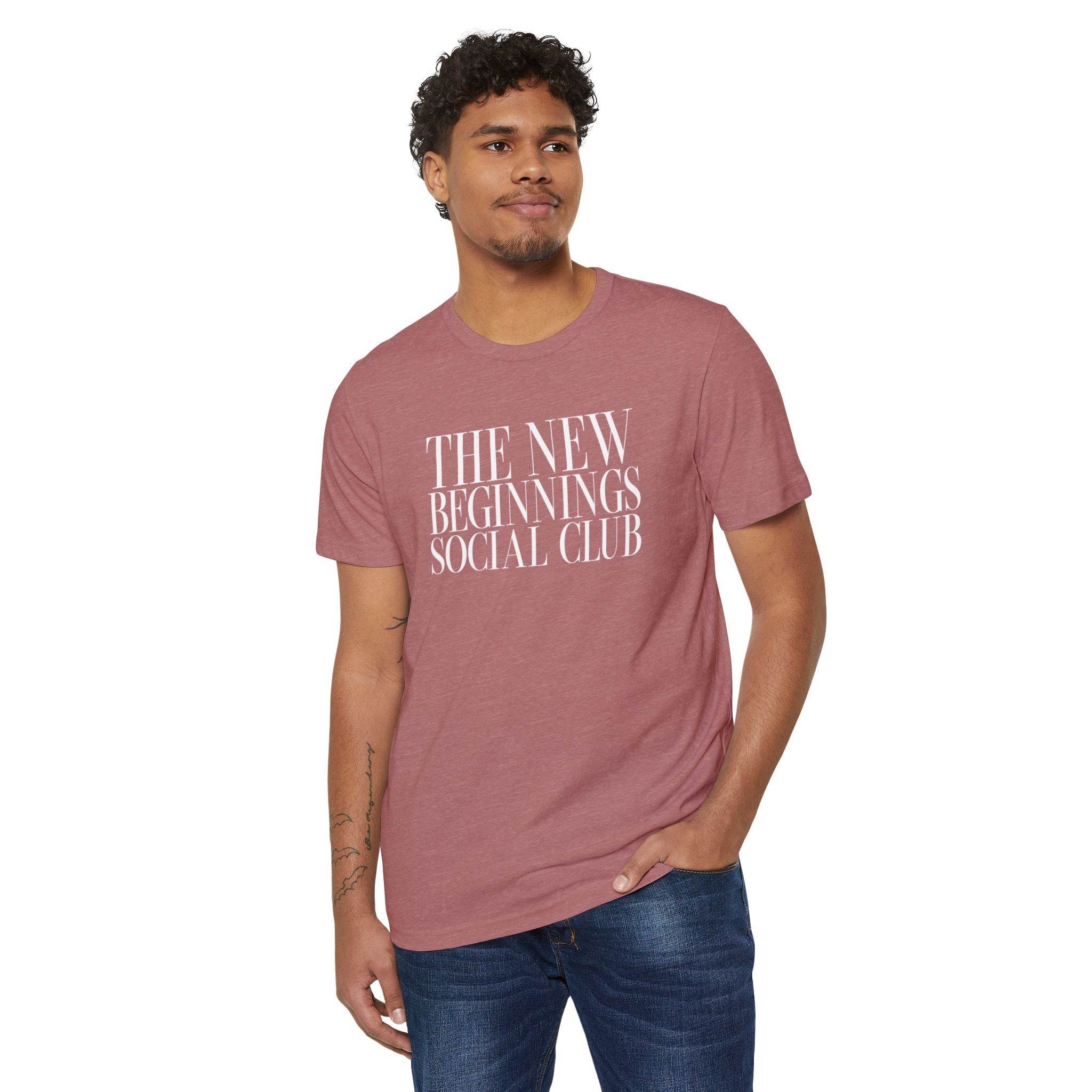 Printify eco-friendly fashion tee in mauve with The New Beginnings Social Club text design