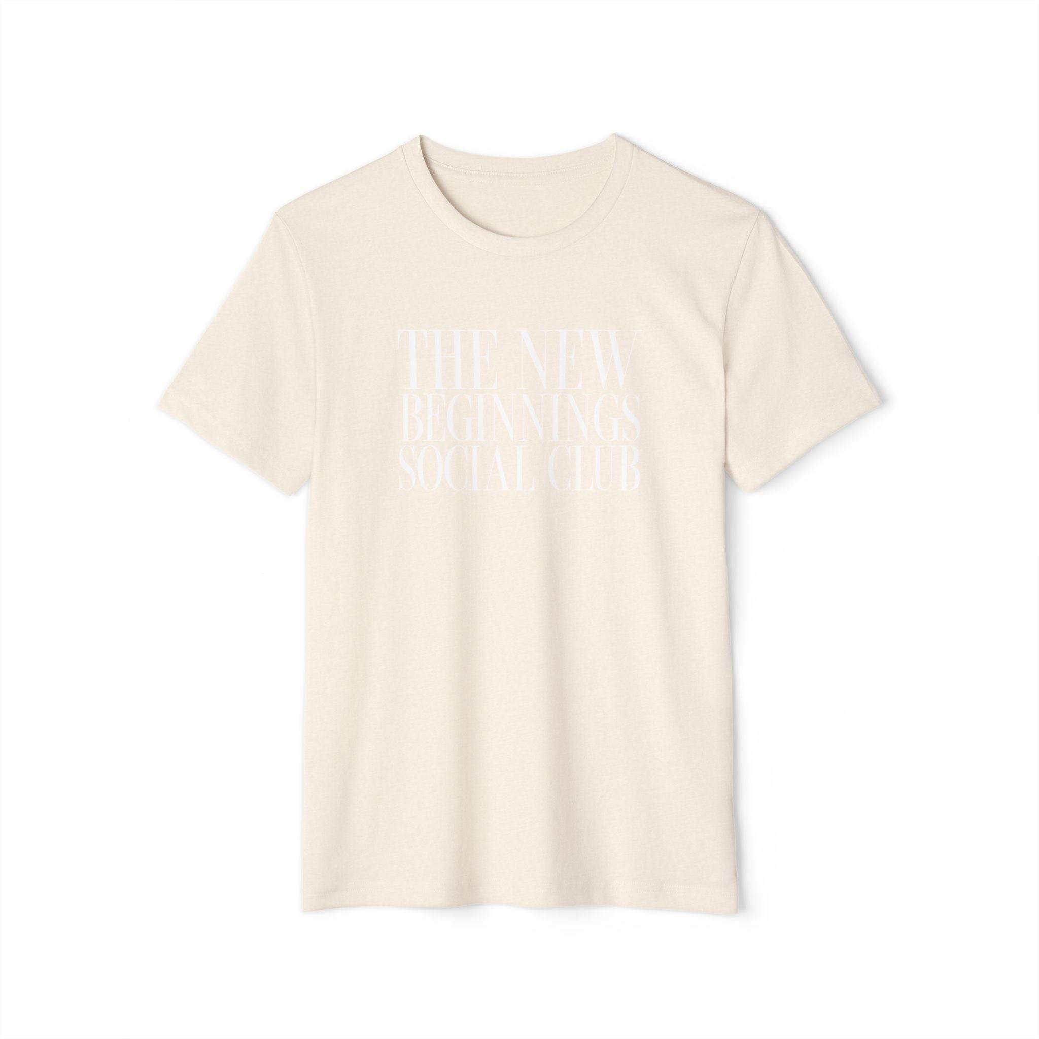 Printify cream-colored eco-friendly fashion tee with The New Beginnings Social Club text design
