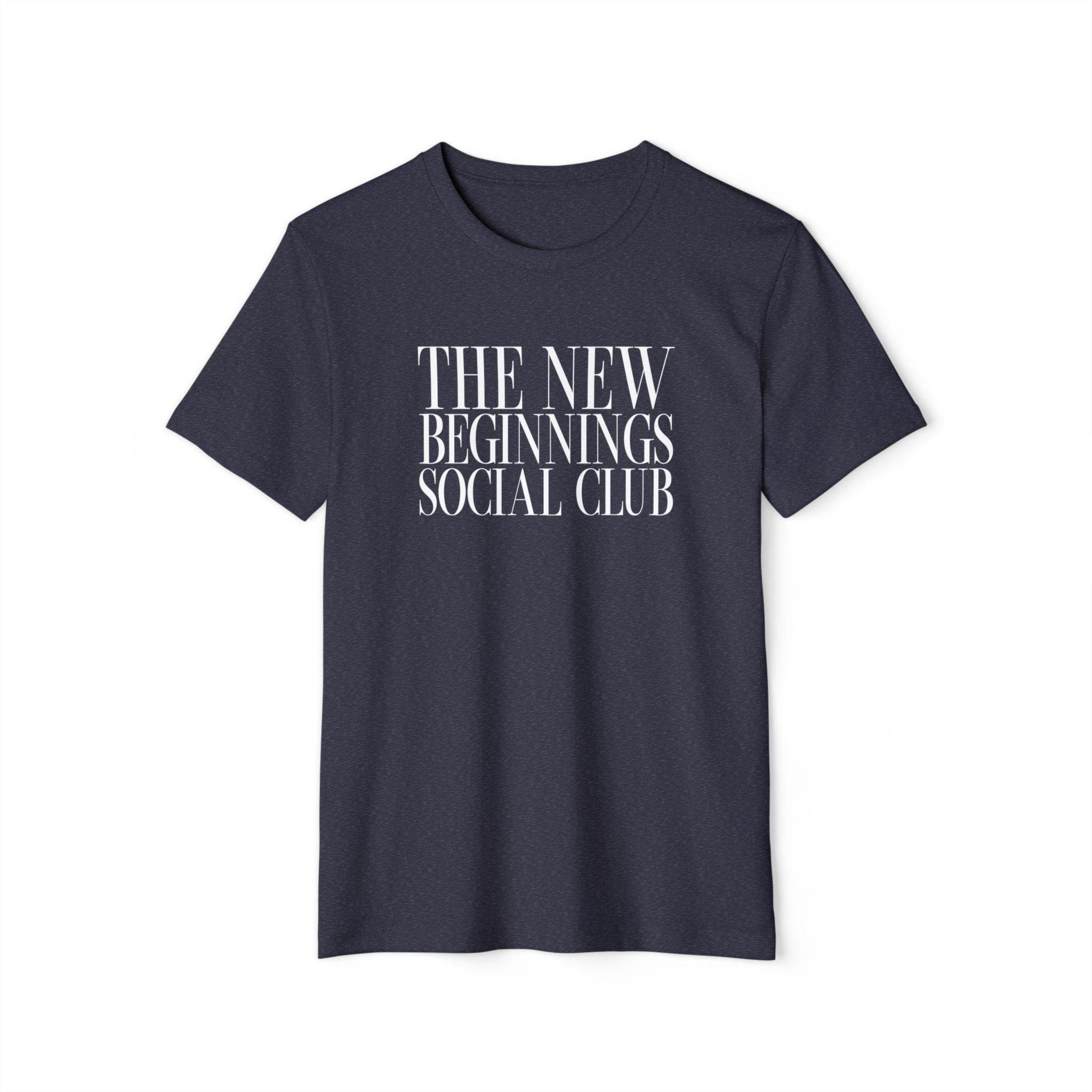 Printify black eco-friendly fashion tee with The New Beginnings Social Club white text