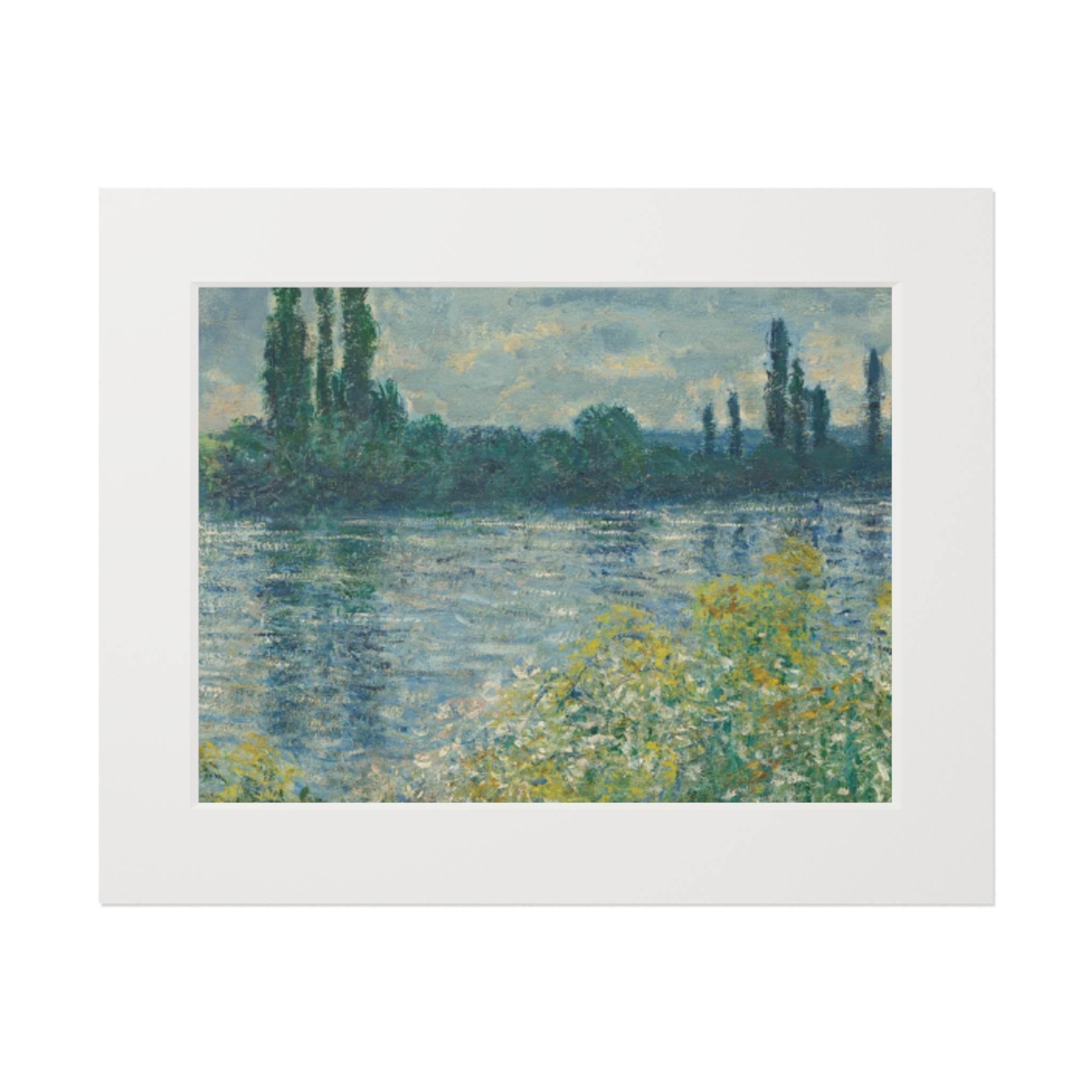 Printify poster featuring eco-friendly fine art prints of a serene lakeside landscape with trees and water reflections