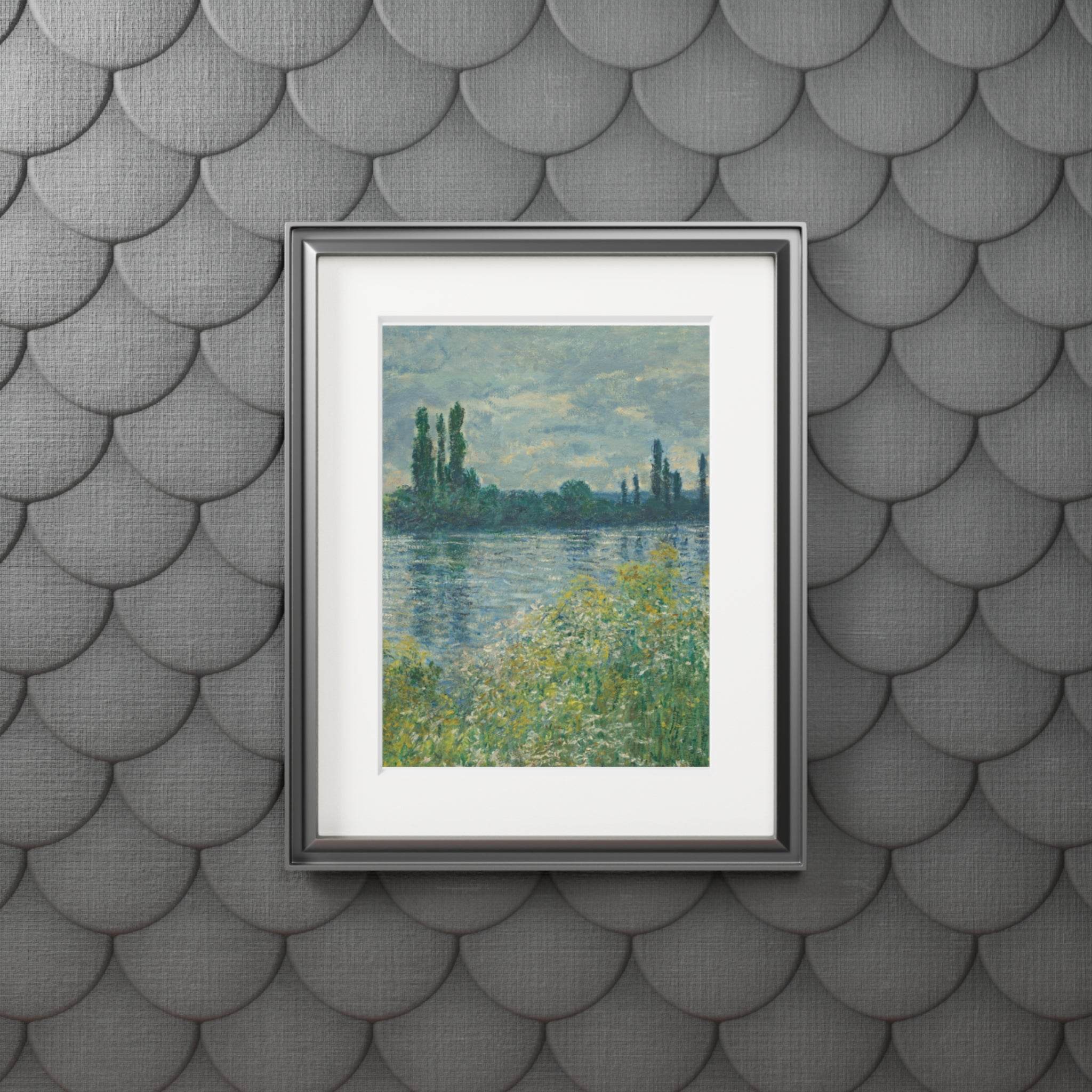 Framed eco-friendly fine art prints poster of a serene landscape with trees and water by Printify