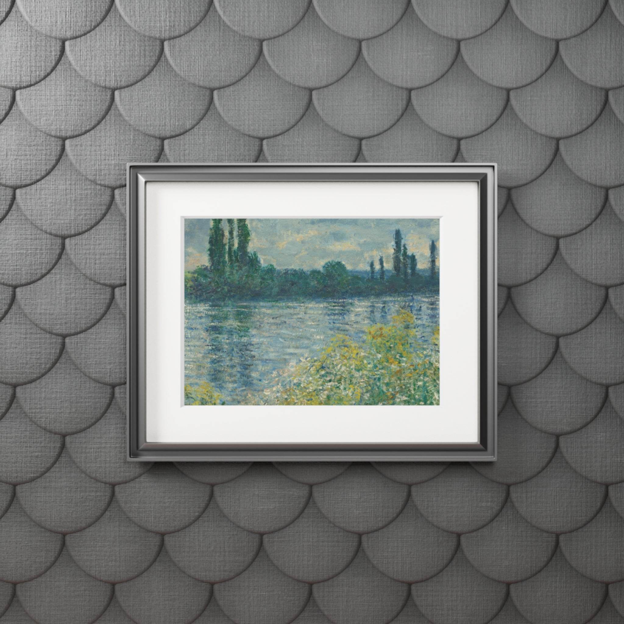 Printify framed eco-friendly fine art prints of a riverside landscape with trees and flowers