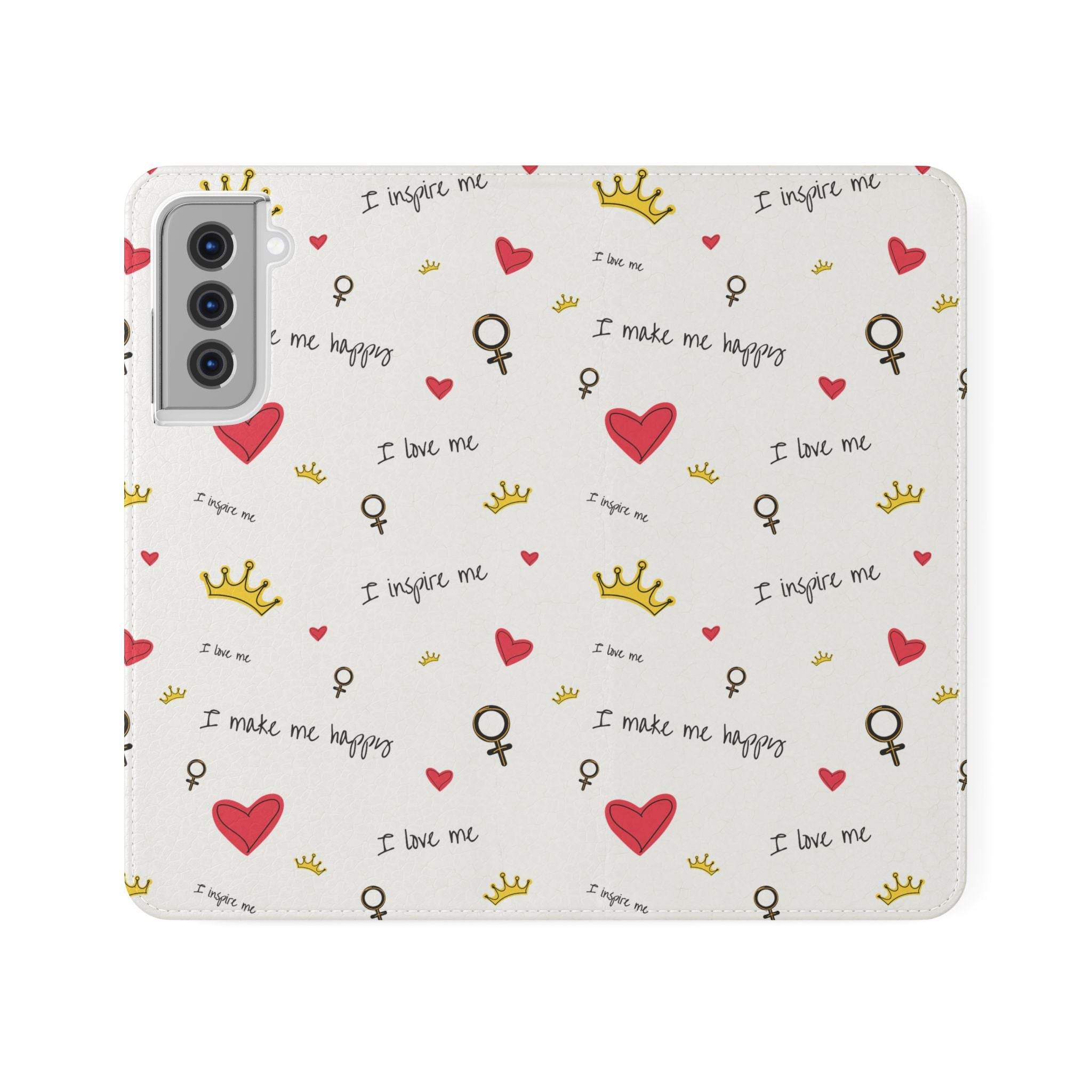 Printify eco-friendly flip phone cases with heart, crown, and inspirational text pattern on white background