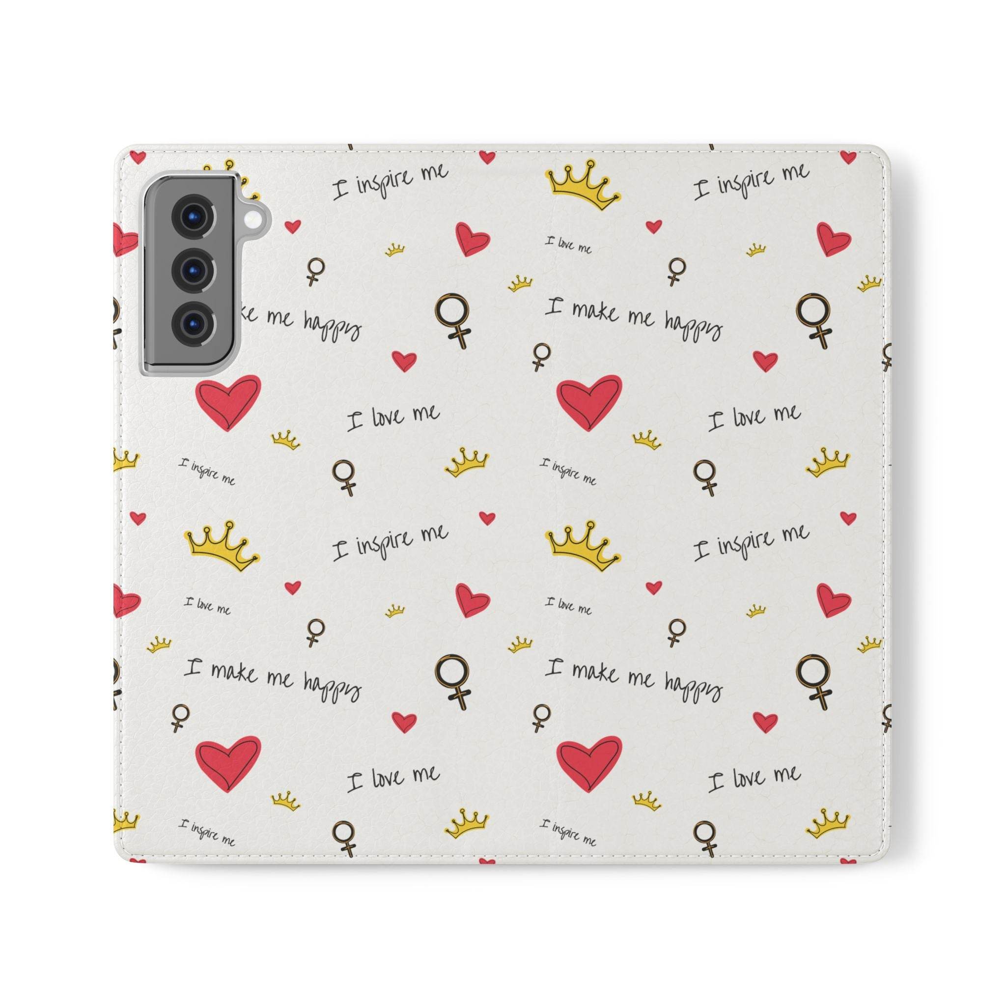 Printify eco-friendly flip phone cases with motivational text hearts and crowns pattern