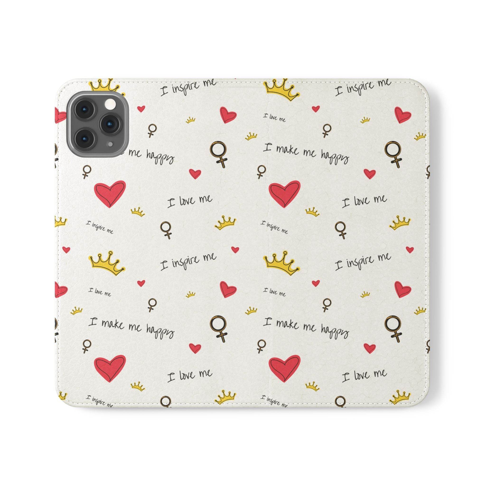 Printify eco-friendly flip phone cases with inspirational love heart, crown, and motivational text design