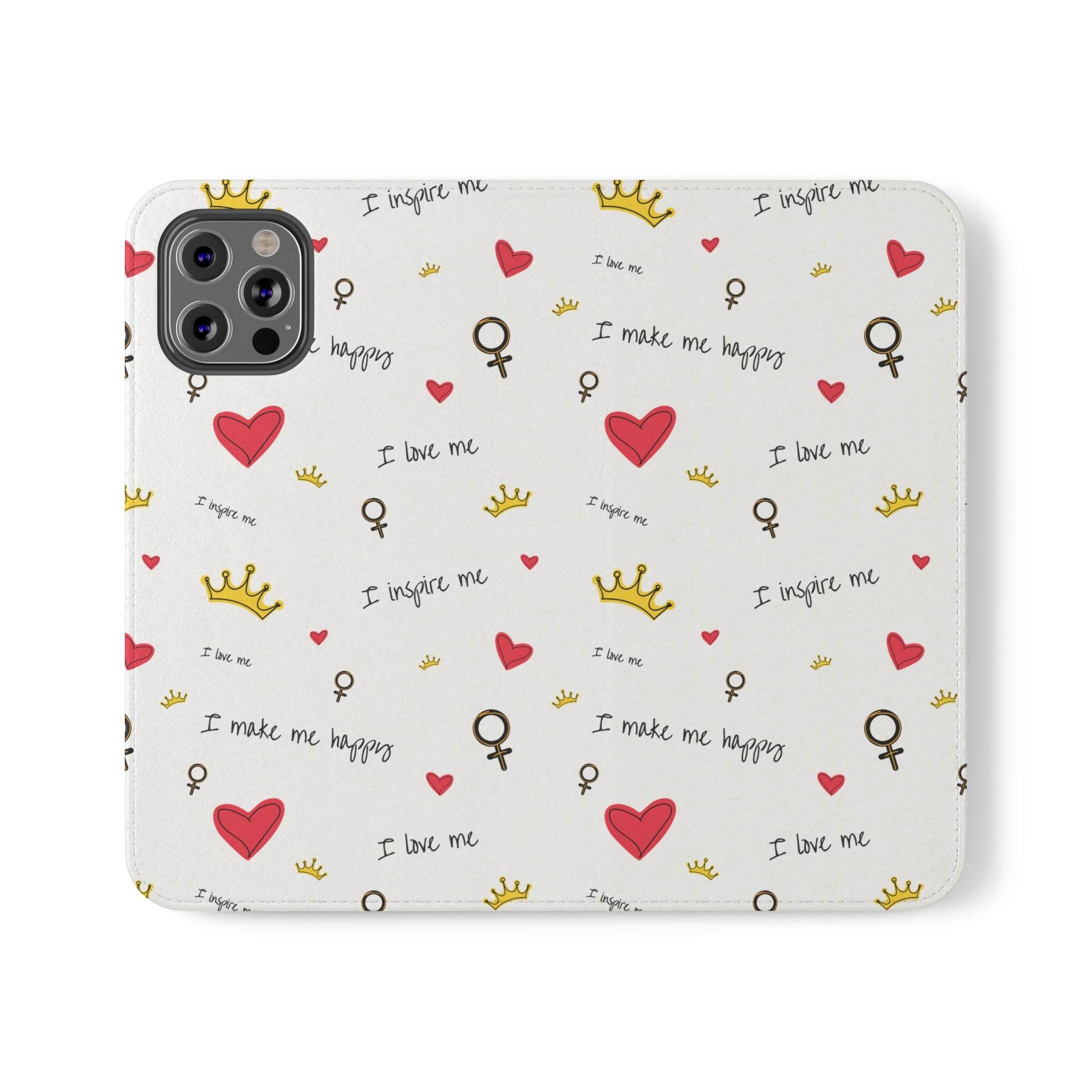 Printify eco-friendly flip phone cases with red hearts, gold crowns, and positive messages pattern
