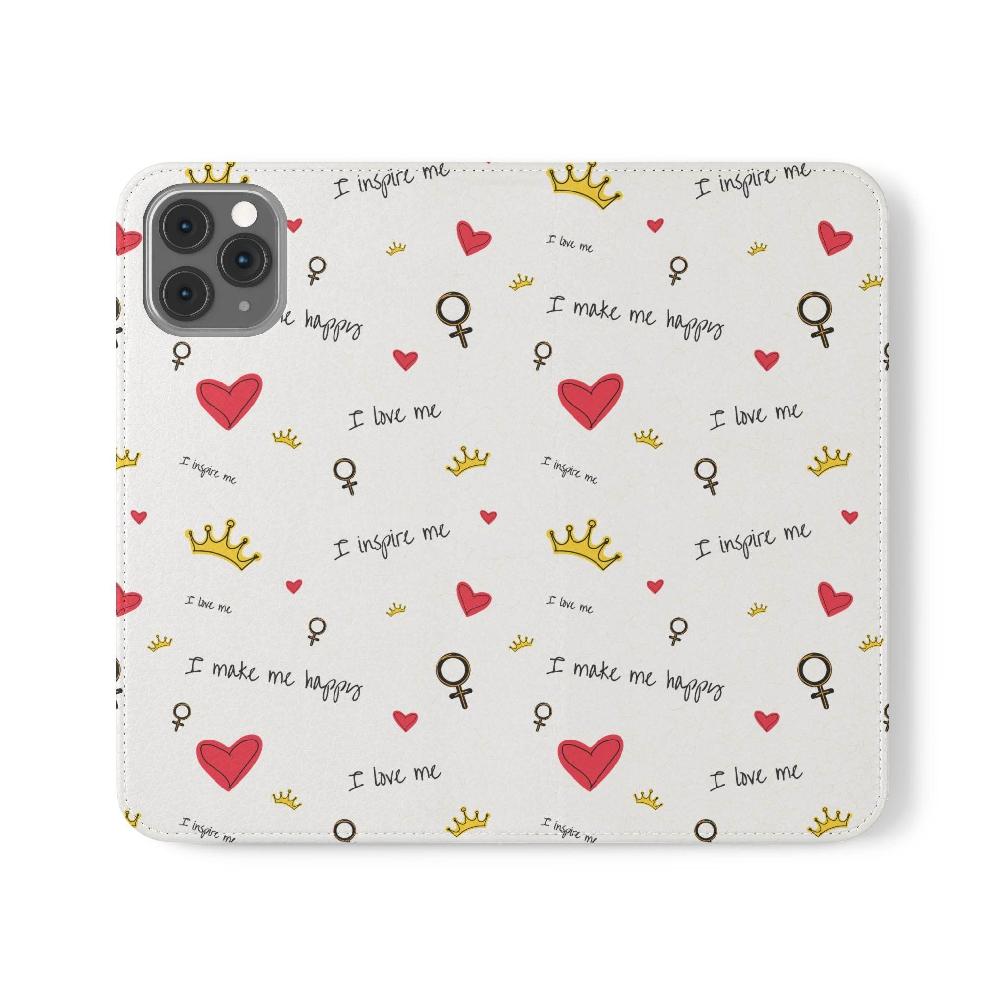 Printify eco-friendly flip phone case with inspirational text hearts and crown pattern on white