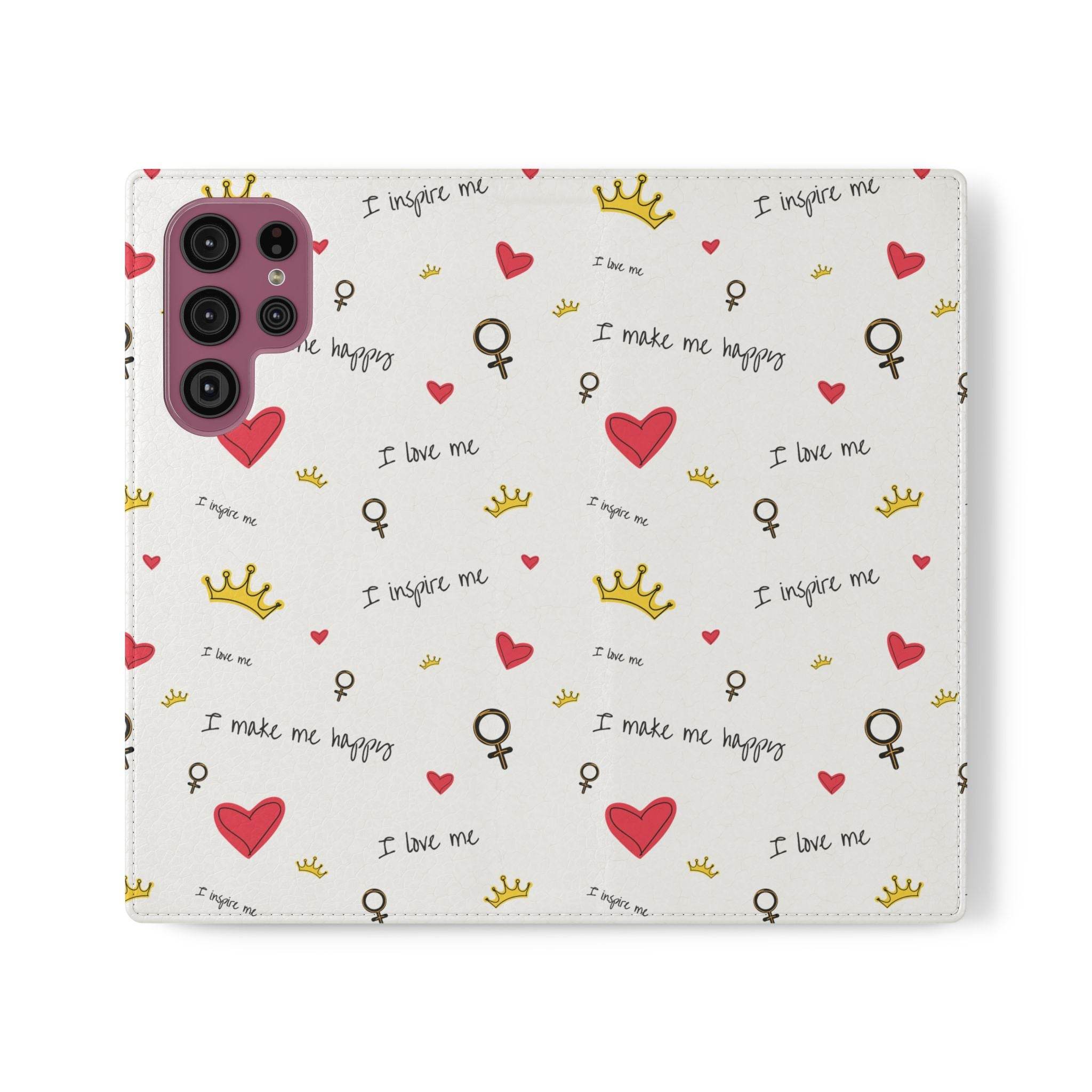 Printify eco-friendly flip phone cases with white background and red hearts crown and inspiring text pattern