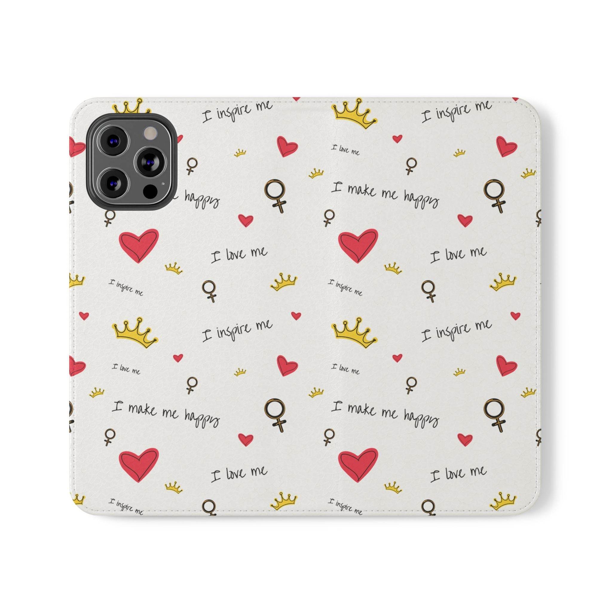 Printify eco-friendly flip phone cases with red hearts gold crowns and inspirational text design