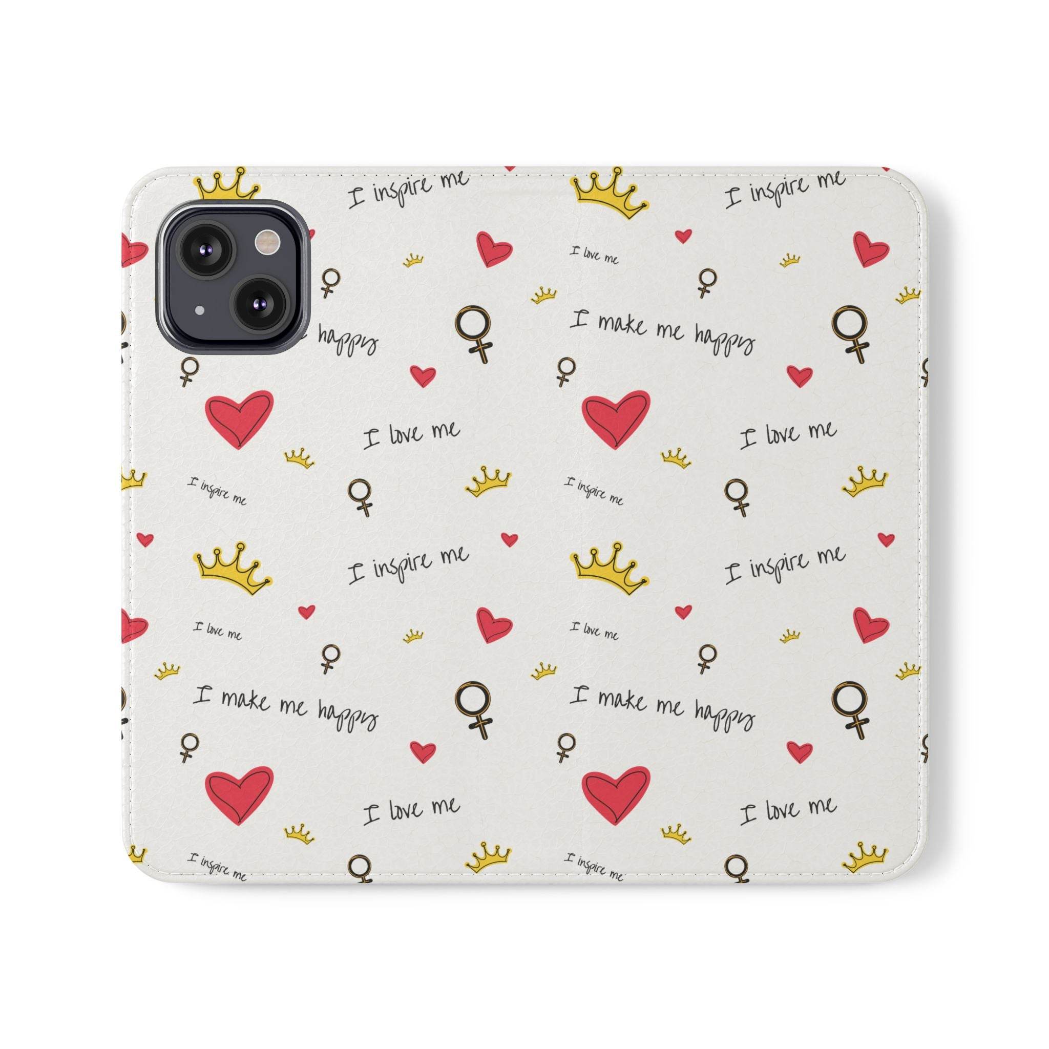 Printify eco-friendly flip phone cases with white background and red hearts gold crowns and positive messages
