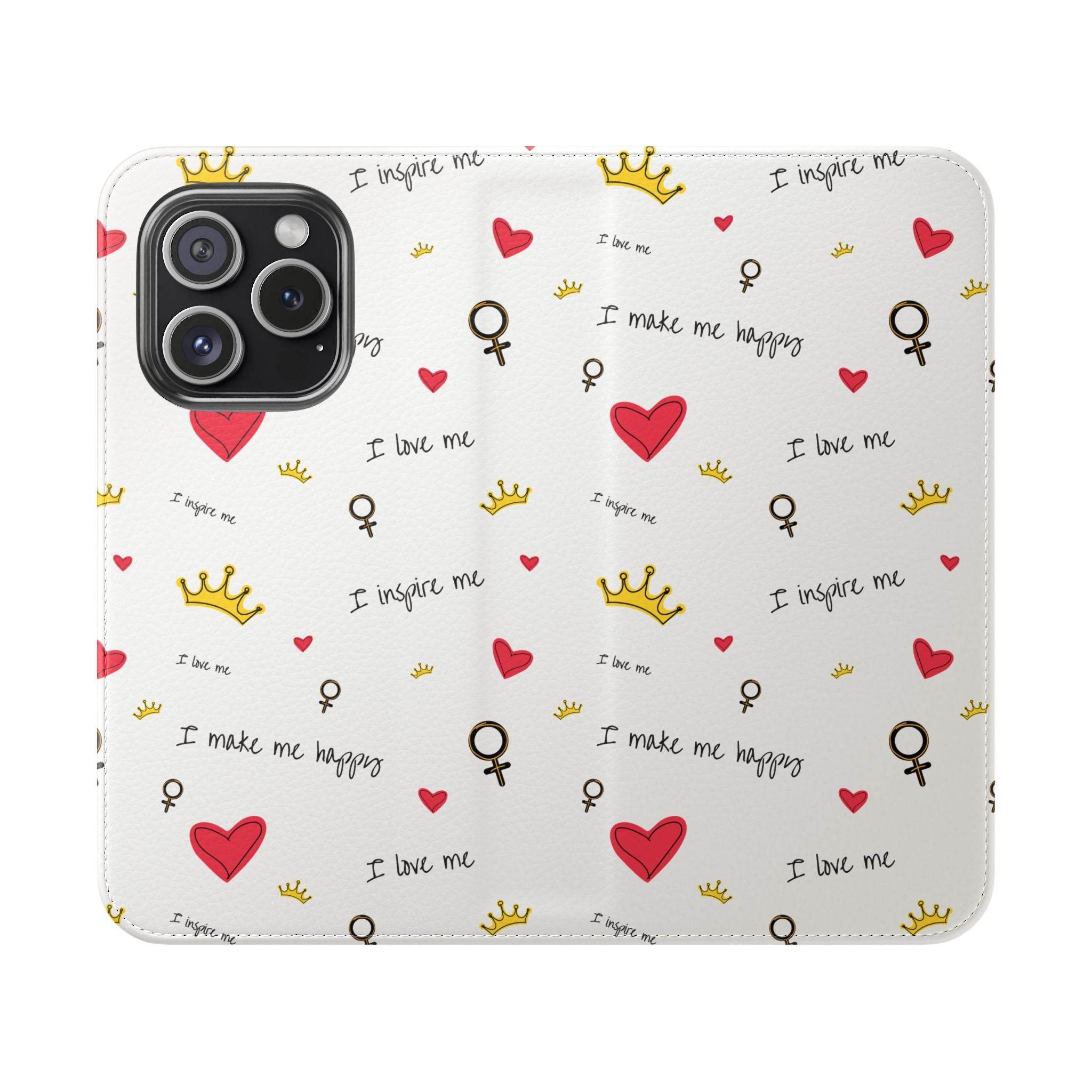 Printify eco-friendly flip phone cases with self-love heart, crown, and female symbol pattern
