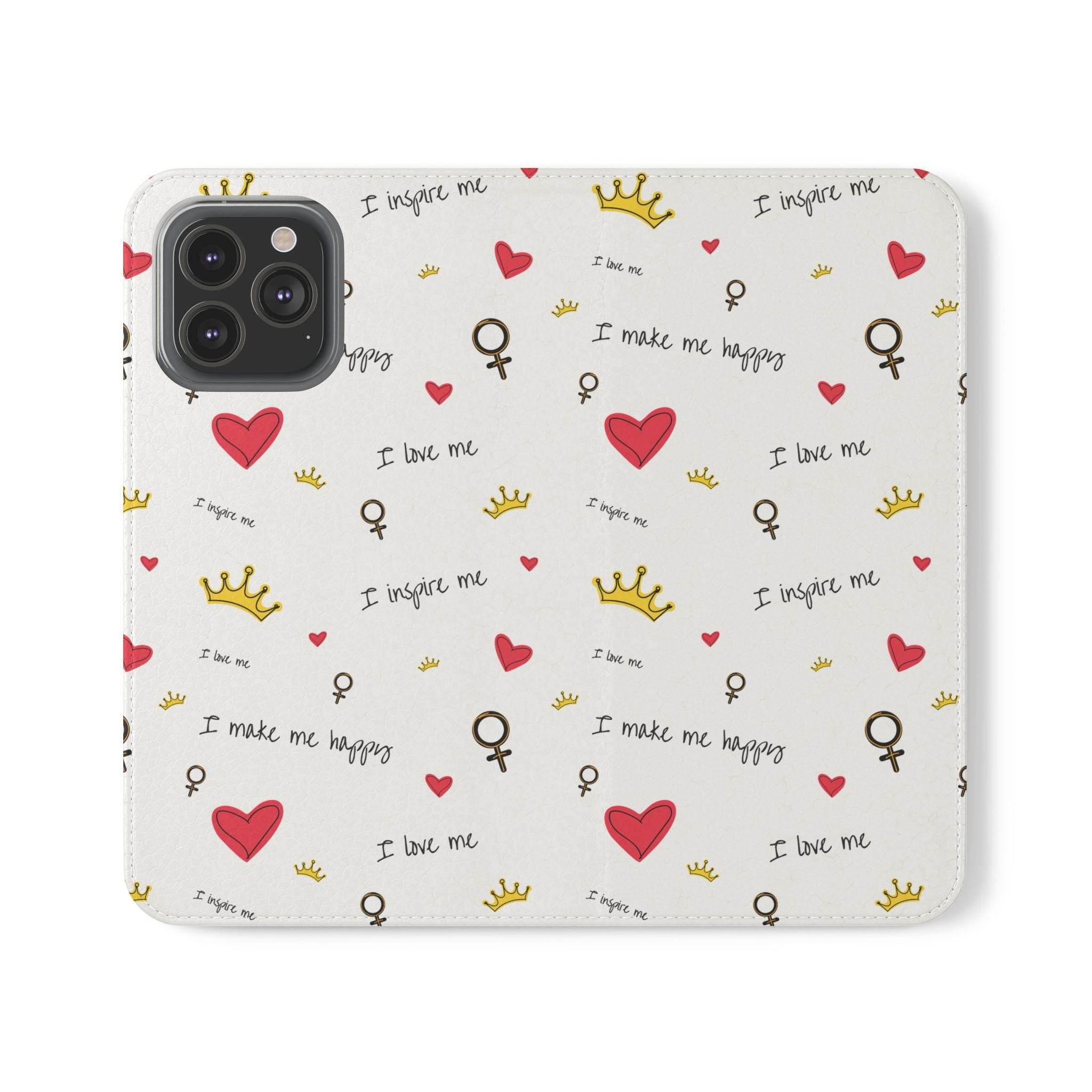 Printify eco-friendly flip phone cases with positive quotes and heart crown symbols on white background