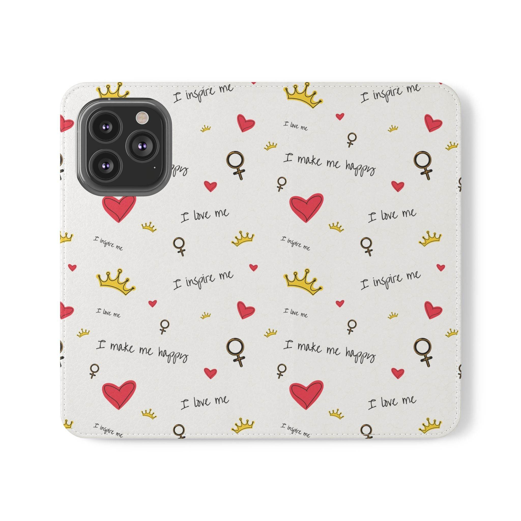 Printify eco-friendly flip phone cases with heart, crown, and positive message pattern on white background