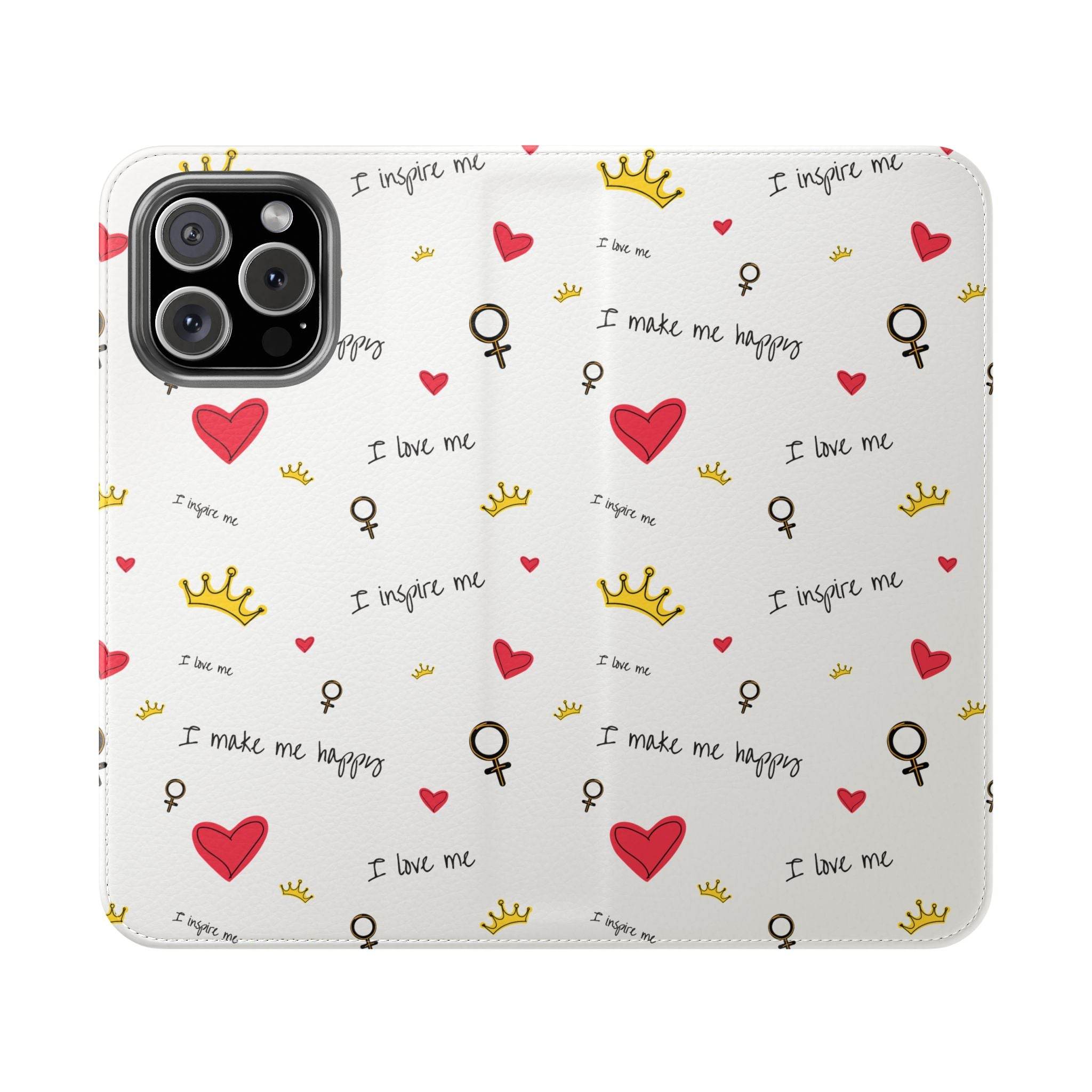 Printify eco-friendly flip phone cases with white background and red hearts, gold crowns, and inspirational text pattern
