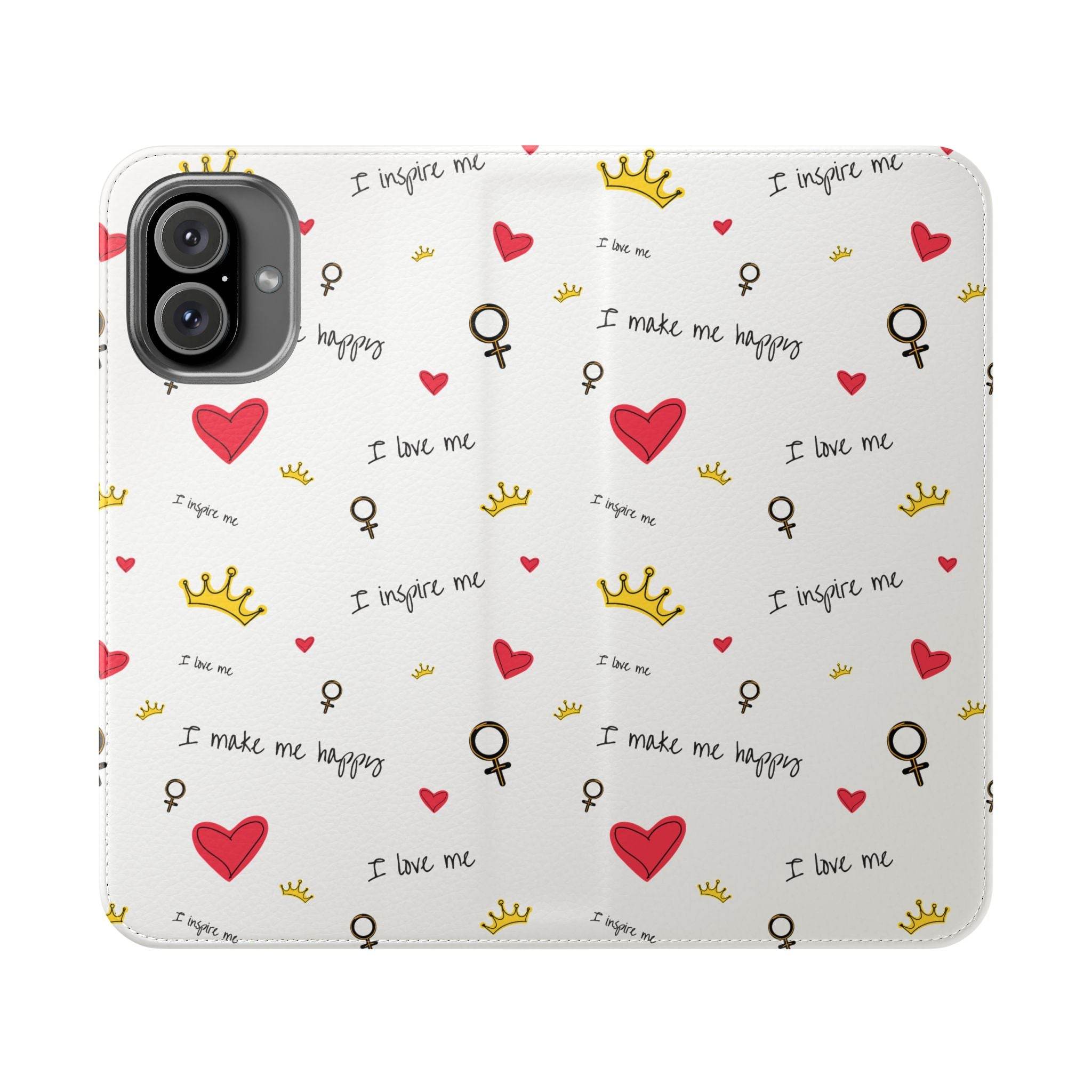 Printify eco-friendly flip phone cases with hearts crowns and positive quote pattern on white background