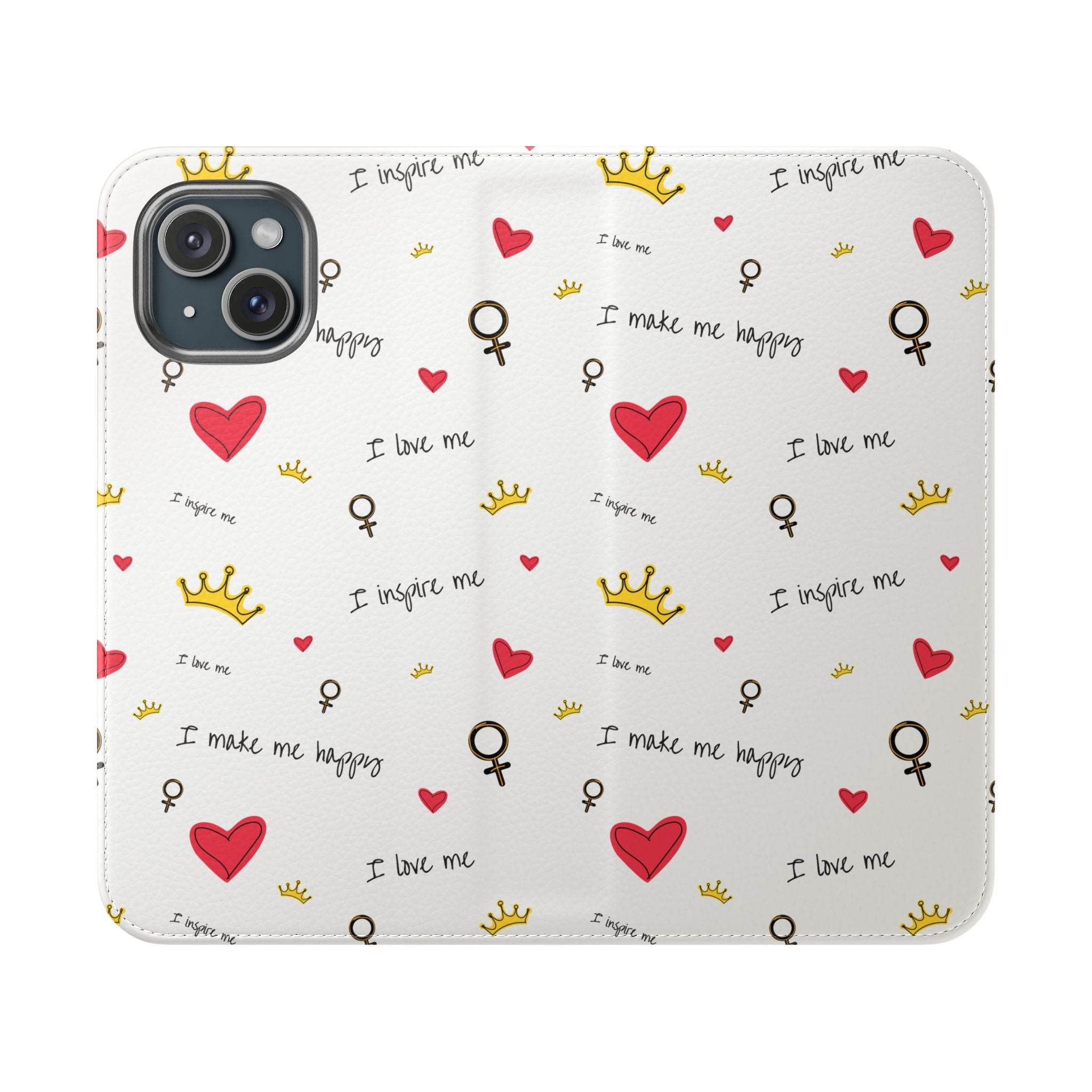 Printify eco-friendly flip phone cases with white background and red hearts crown and positive words design